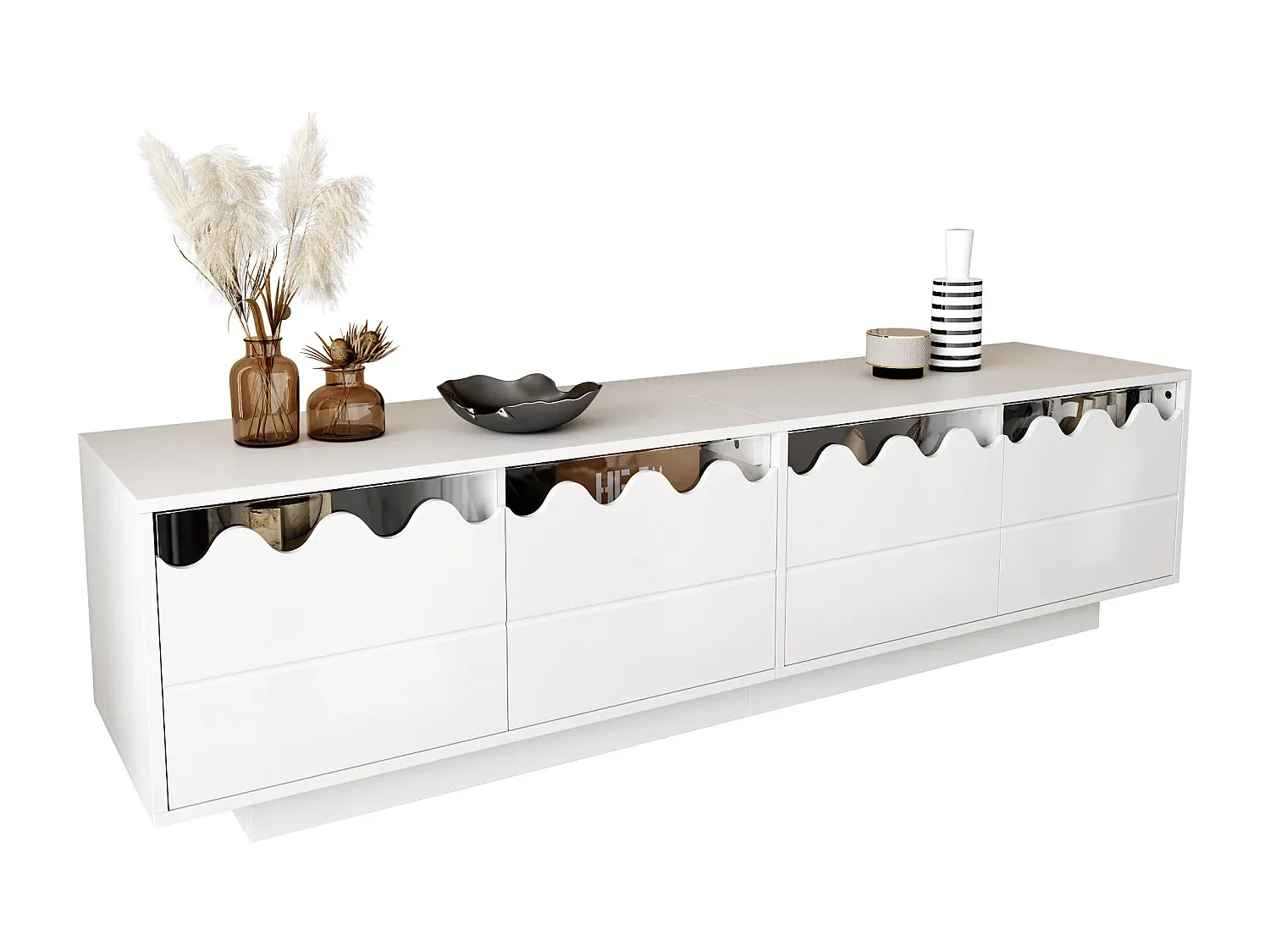 Eleganter Fernsehschrank mit Türen und geschwungenem Design – Weiß
