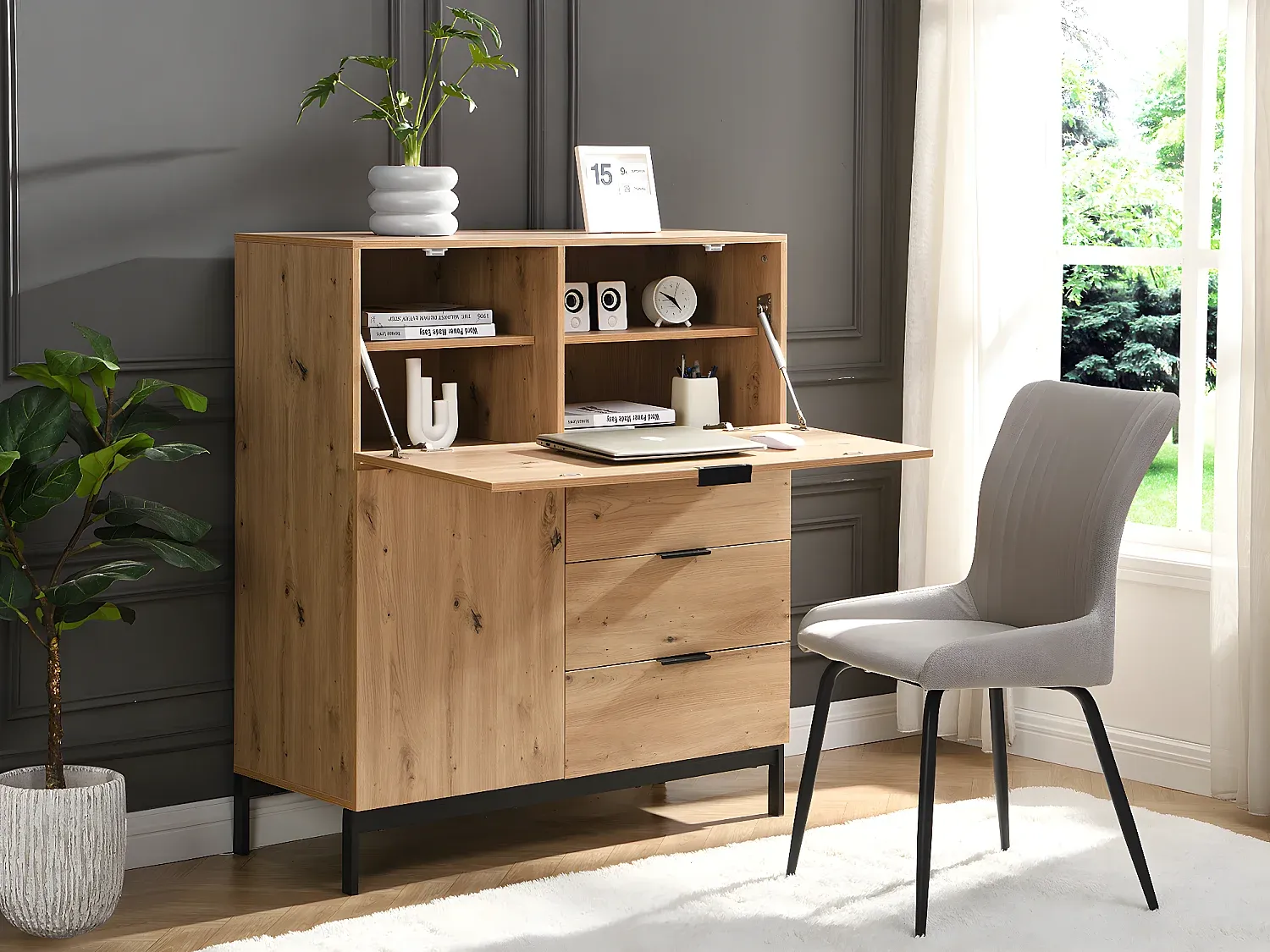 Schreibtisch mit Türen und Schubladen aus MDF und Metall in Beige