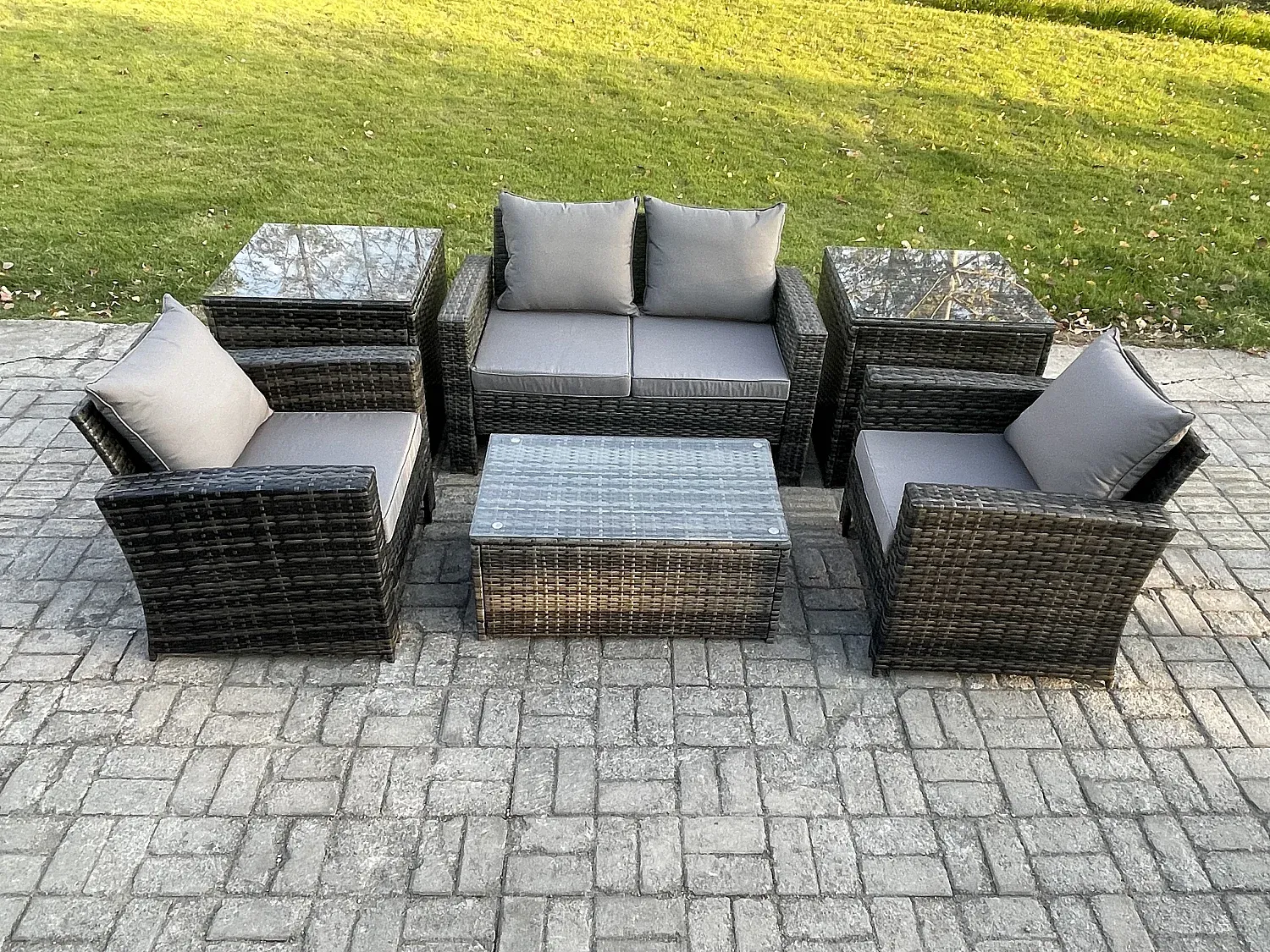 Polyrattan Lounge Set mit Couchtisch und Beistelltischen in Dunkelgrau