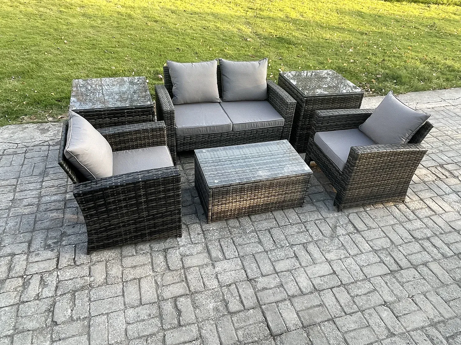 Polyrattan Lounge Set mit Couchtisch und Beistelltischen in Dunkelgrau