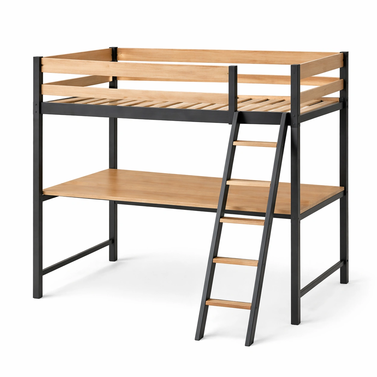 Hochbett metall holz leiter schwarz natur 200cm x 100cm x 180cm-NESTHAVENZ