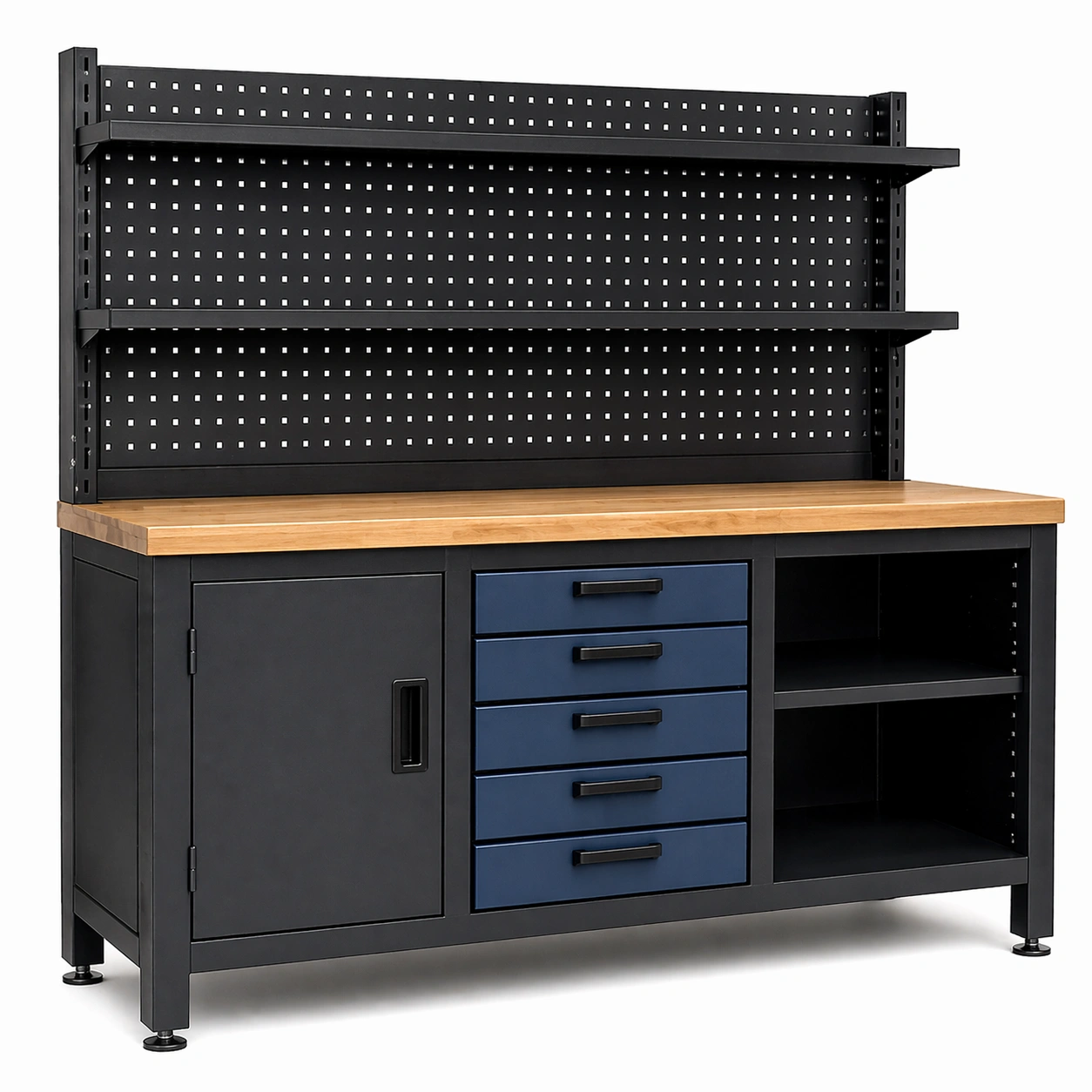 Werkbank stahl holzplatte schwarz natur 160cm x 60cm x 150cm-NESTHAVENZ