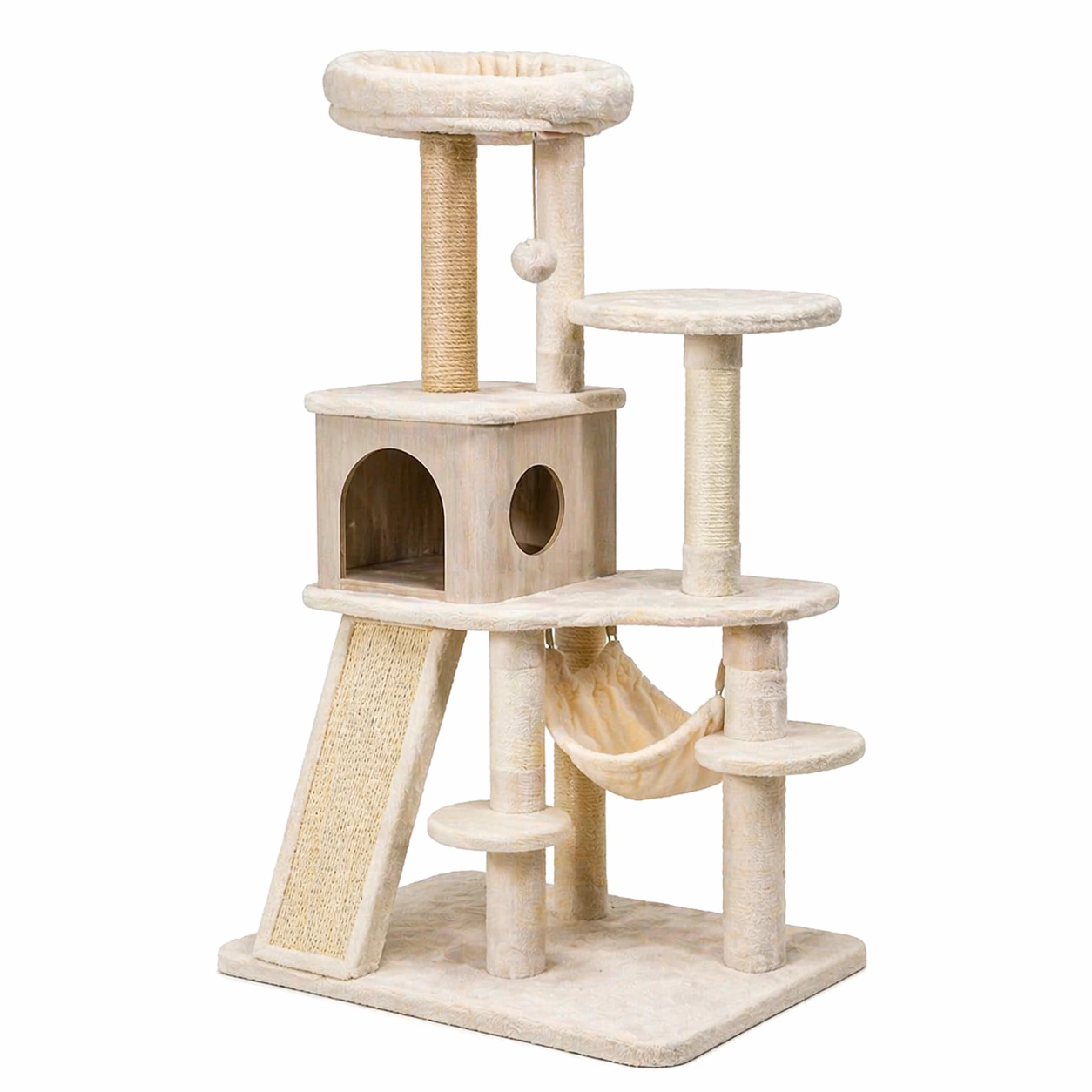 Kratzbaum holz plüsch sisal beige 60cm x 40cm x 154cm-NESTHAVENZ