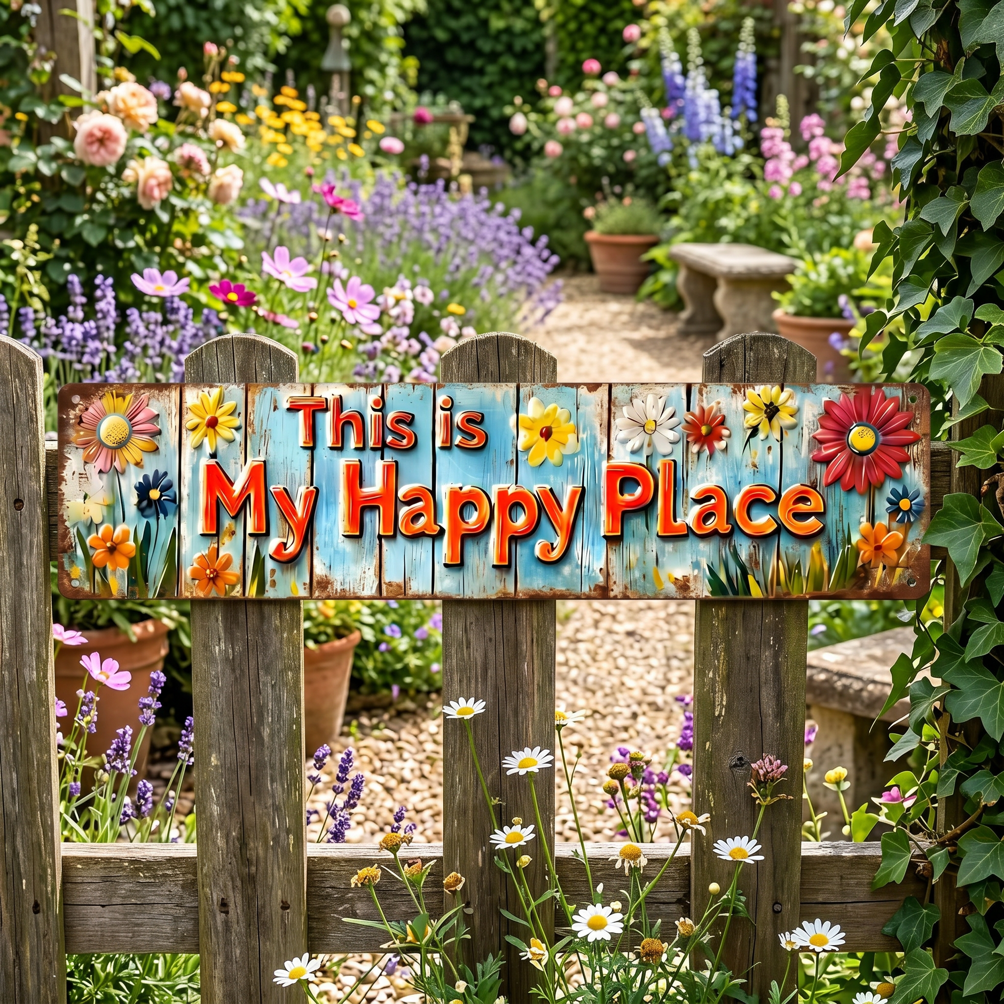 "This Is My Happy Place" Metal Sign With Vibrant Floral Pattern