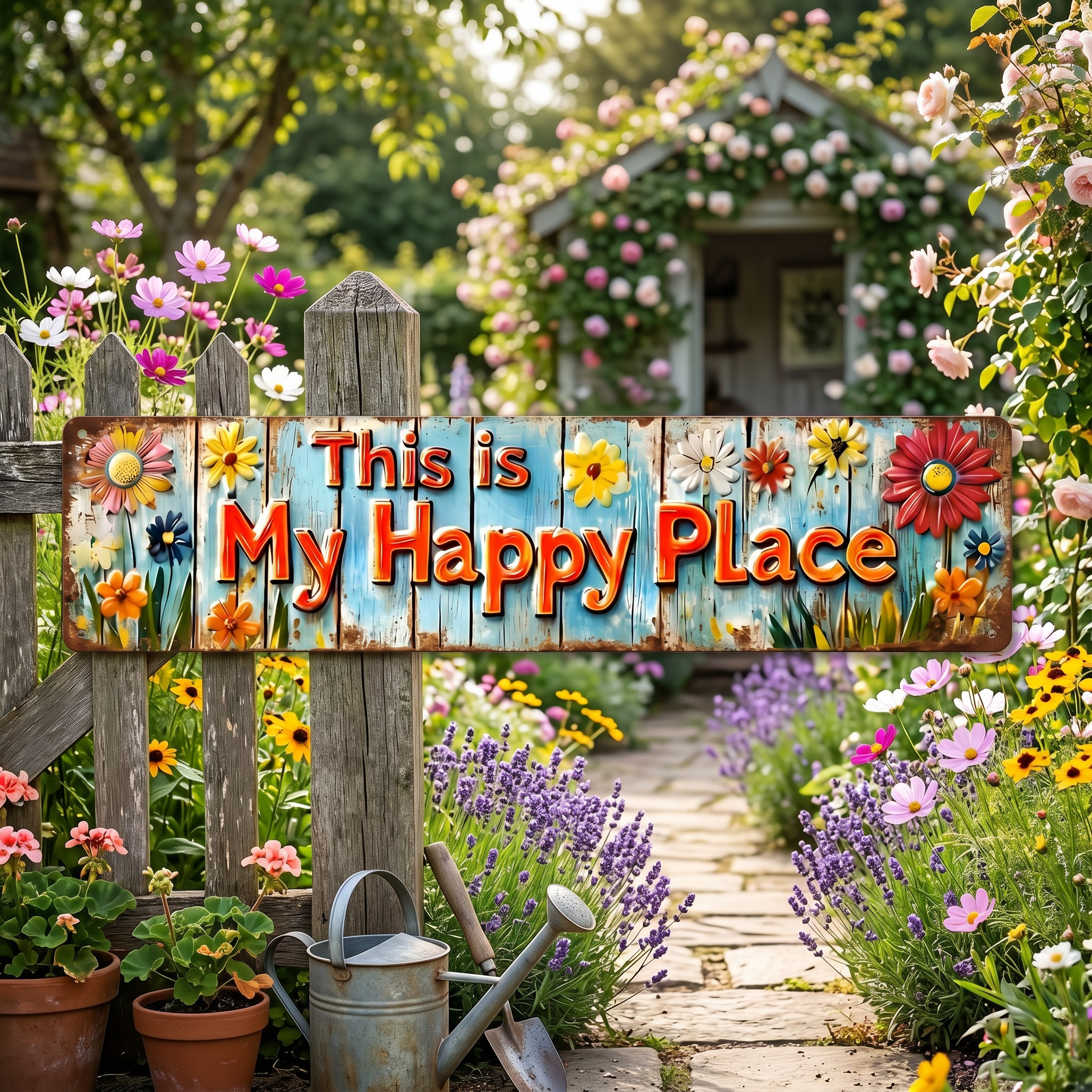 "This Is My Happy Place" Metal Sign With Vibrant Floral Pattern