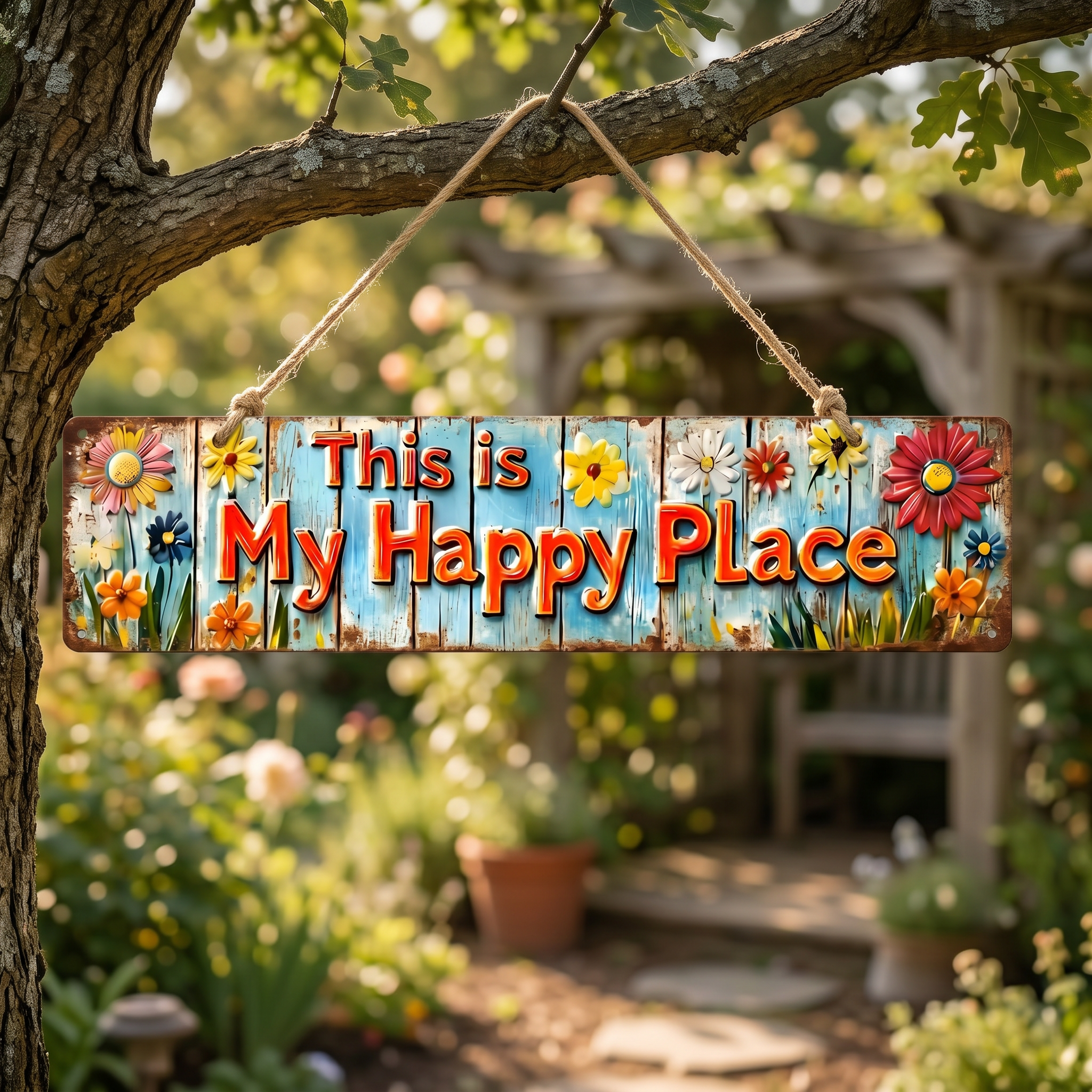"This Is My Happy Place" Metal Sign With Vibrant Floral Pattern