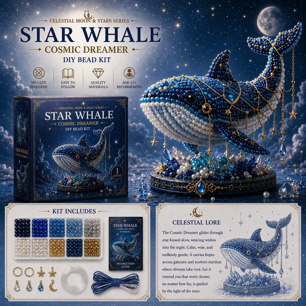 🌙 Moon Cat Luna Guardian DIY Bead Kit | Celestial Moon & Stars Series