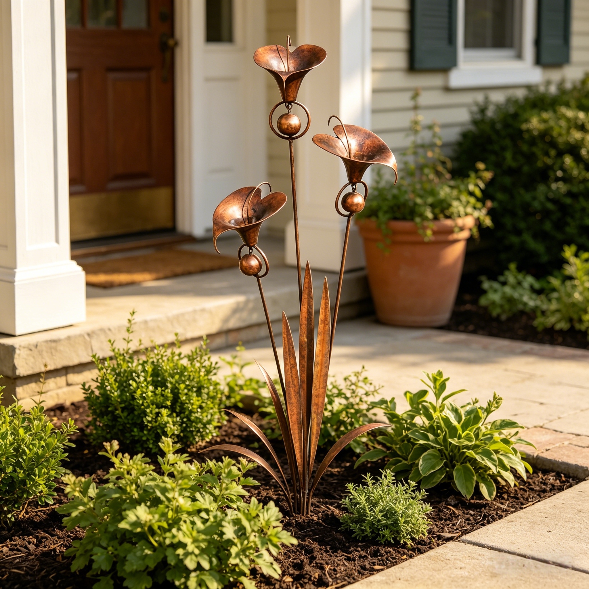 Flamed Copper Three Calla Lilies Garden Stake with Bells, 28" Handcrafted Outdoor Yard Art-EASESTER