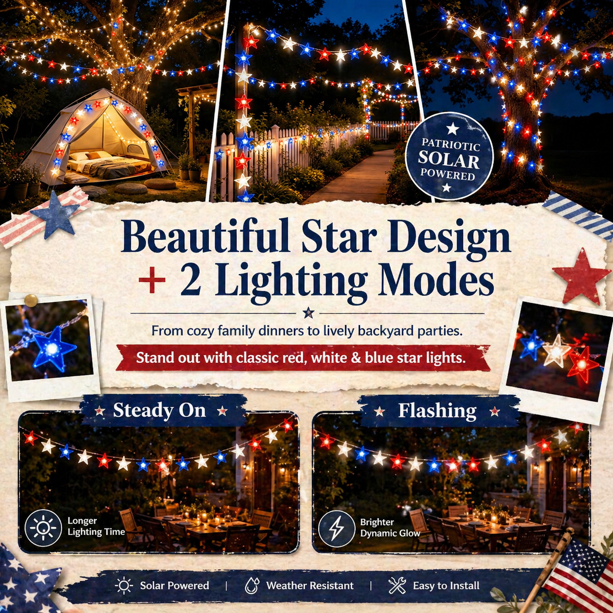 Red, White & Blue Star Solar String Lights-EASESTER