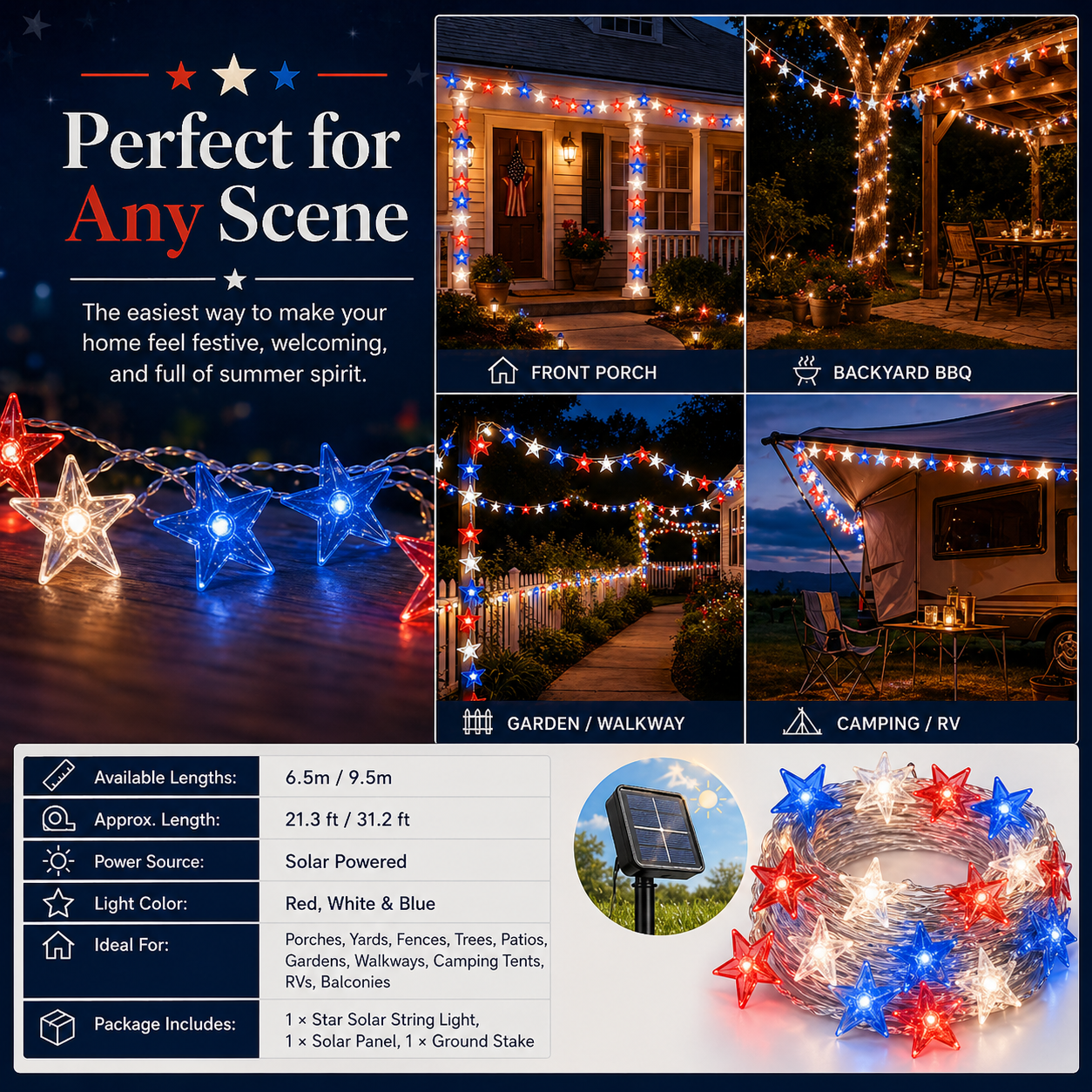Red, White & Blue Star Solar String Lights-EASESTER