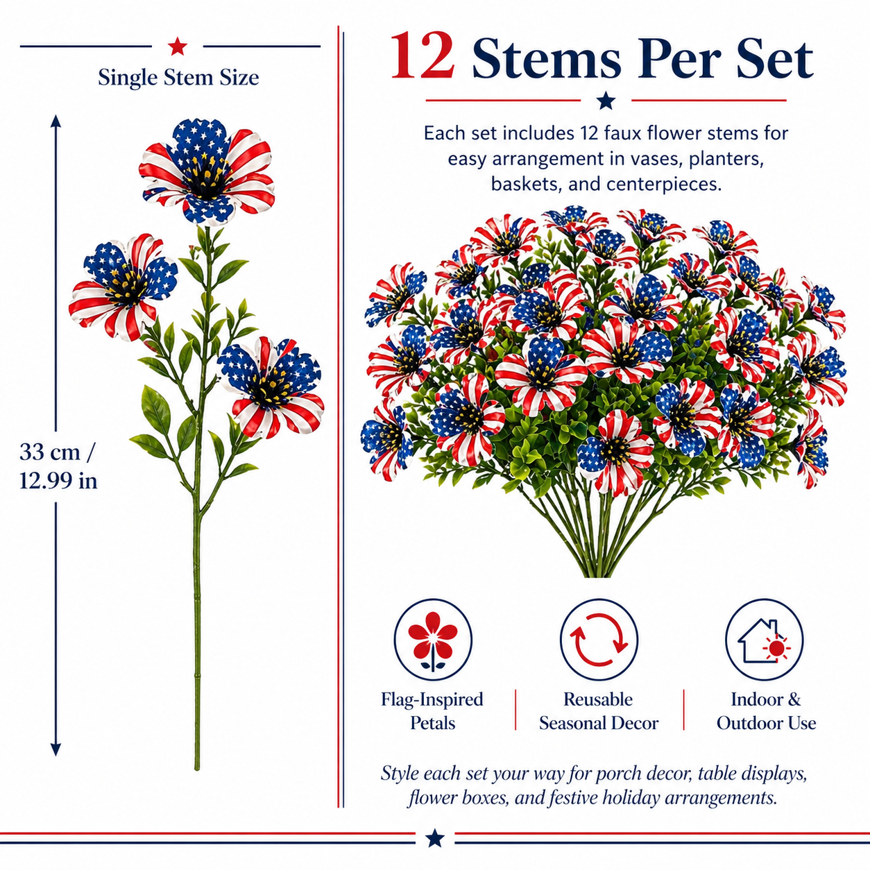 American Flag Faux Flower Bouquet - 12 Pcs-EASESTER