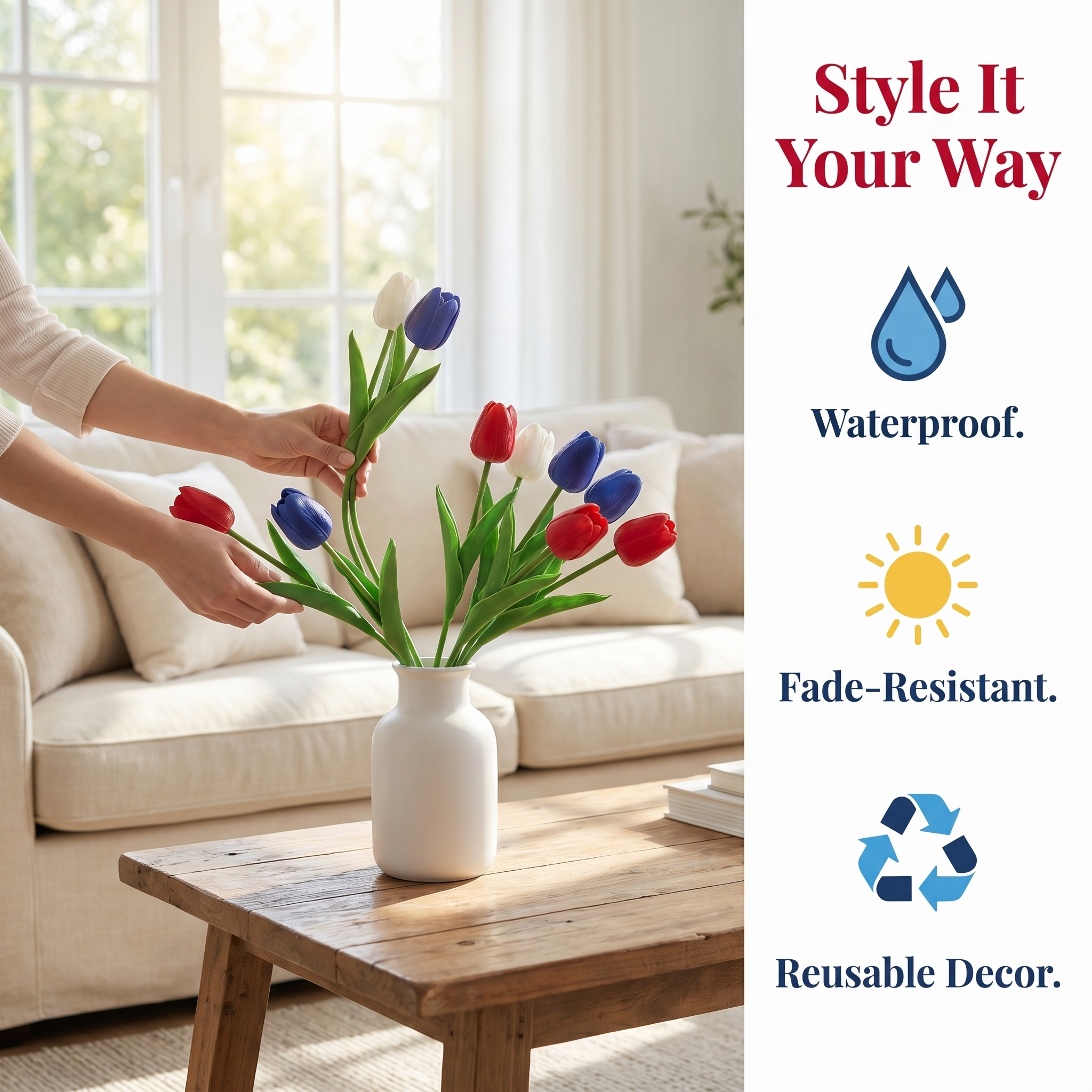 Red, White & Blue Artificial Tulips - 12 Bunches-EASESTER