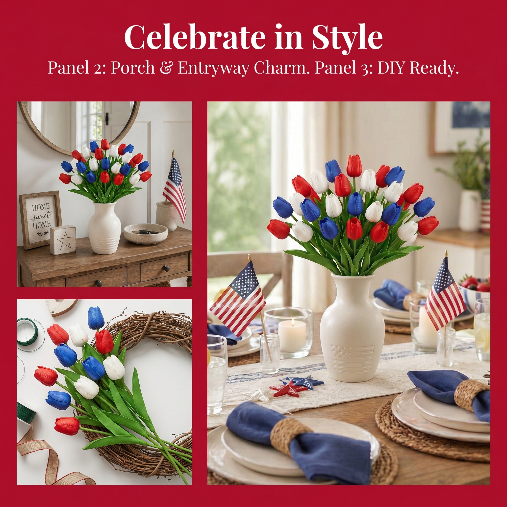 Red, White & Blue Artificial Tulips - 12 Bunches-EASESTER