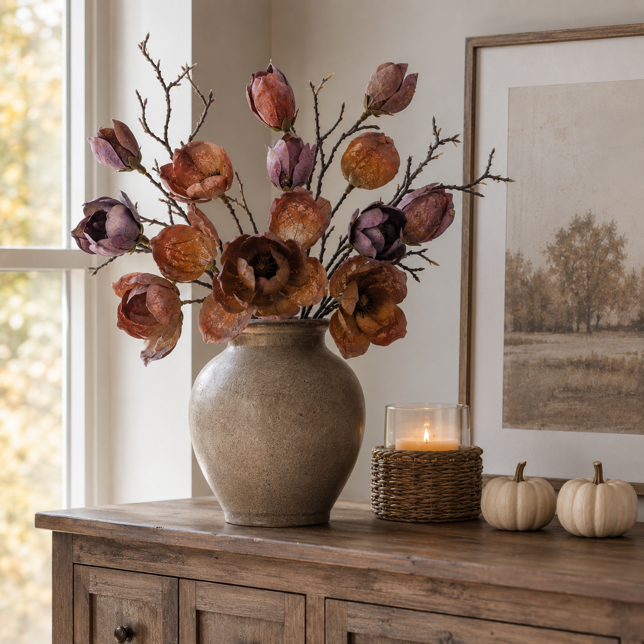 3 Pack Artificial Magnolia Flower Stems, 20 Inch Faux Fall Floral