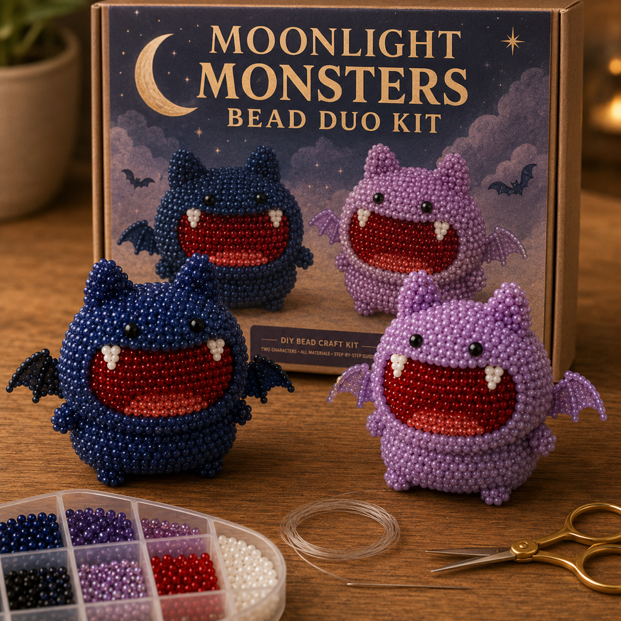 Twin Fang Bead Duo Kit – 3D DIY Beaded Monster Craft with Display Stands