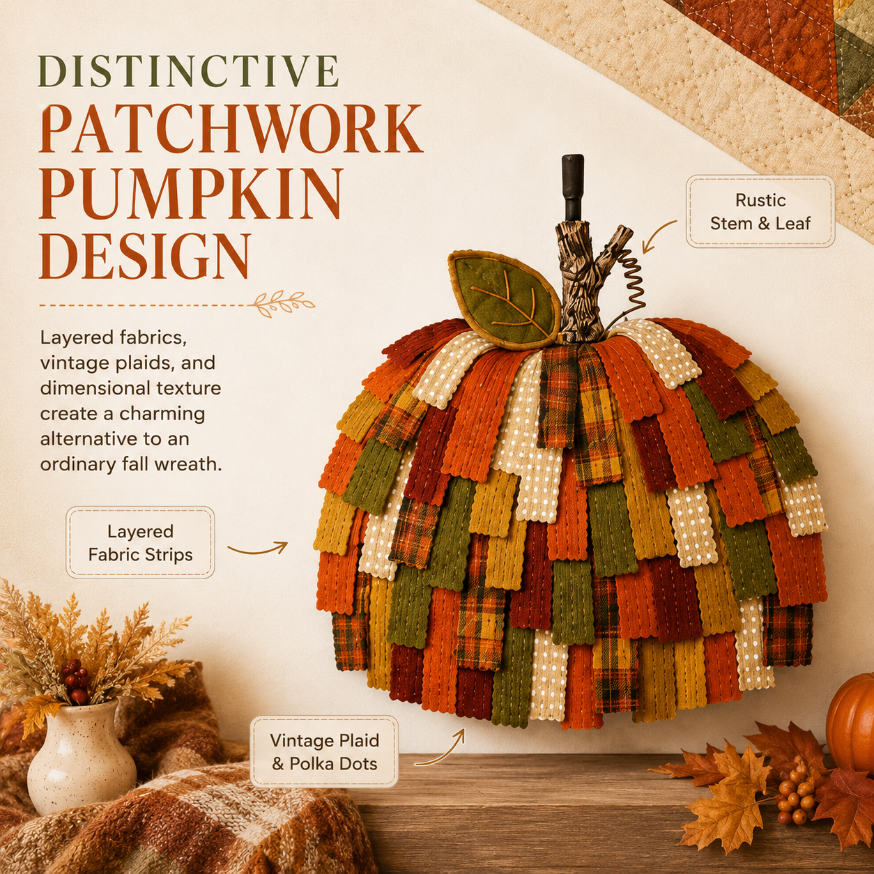 Lighted Patchwork Pumpkin Door Hanger-EASESTER