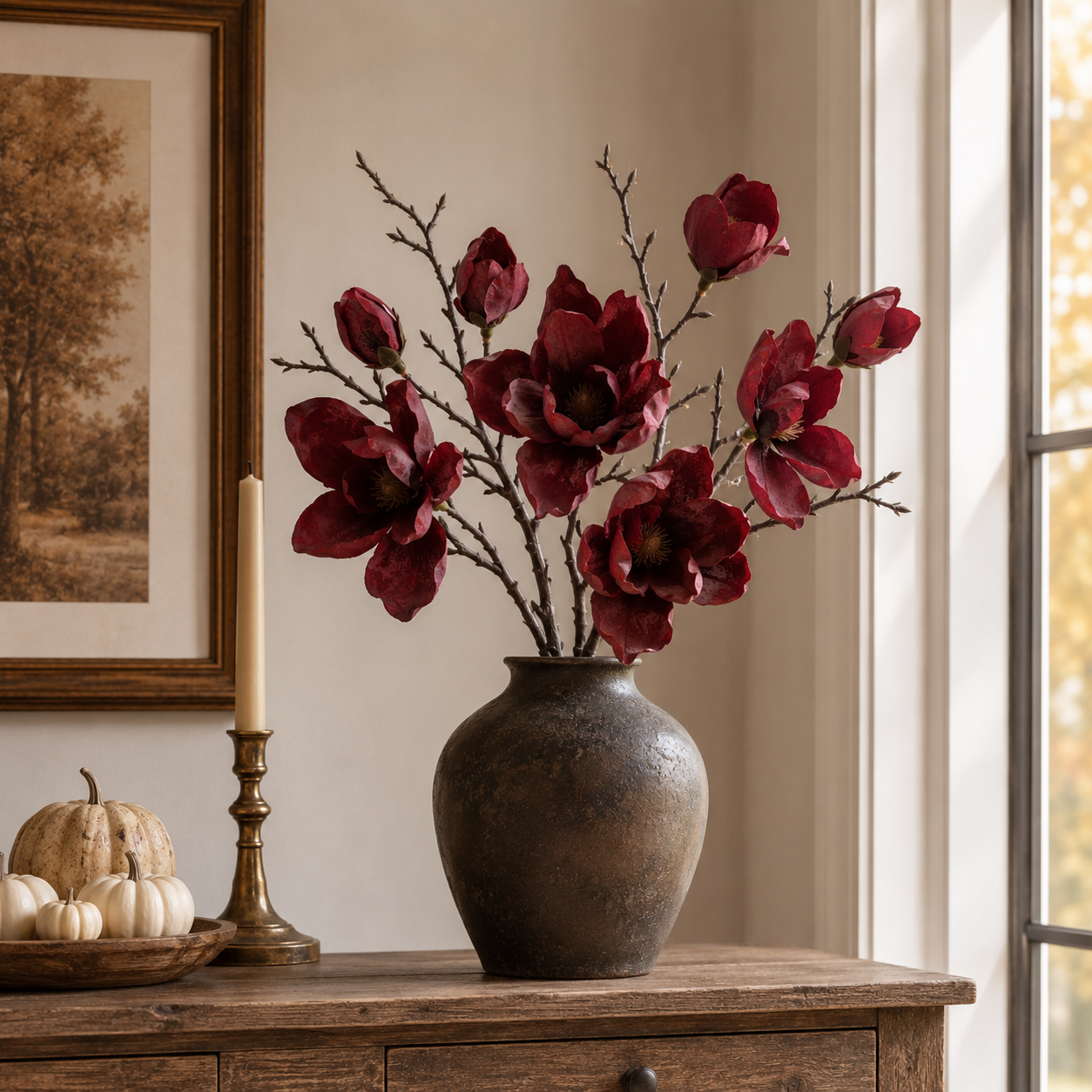 3 Pack Artificial Magnolia Flower Stems, 20 Inch Faux Fall Floral