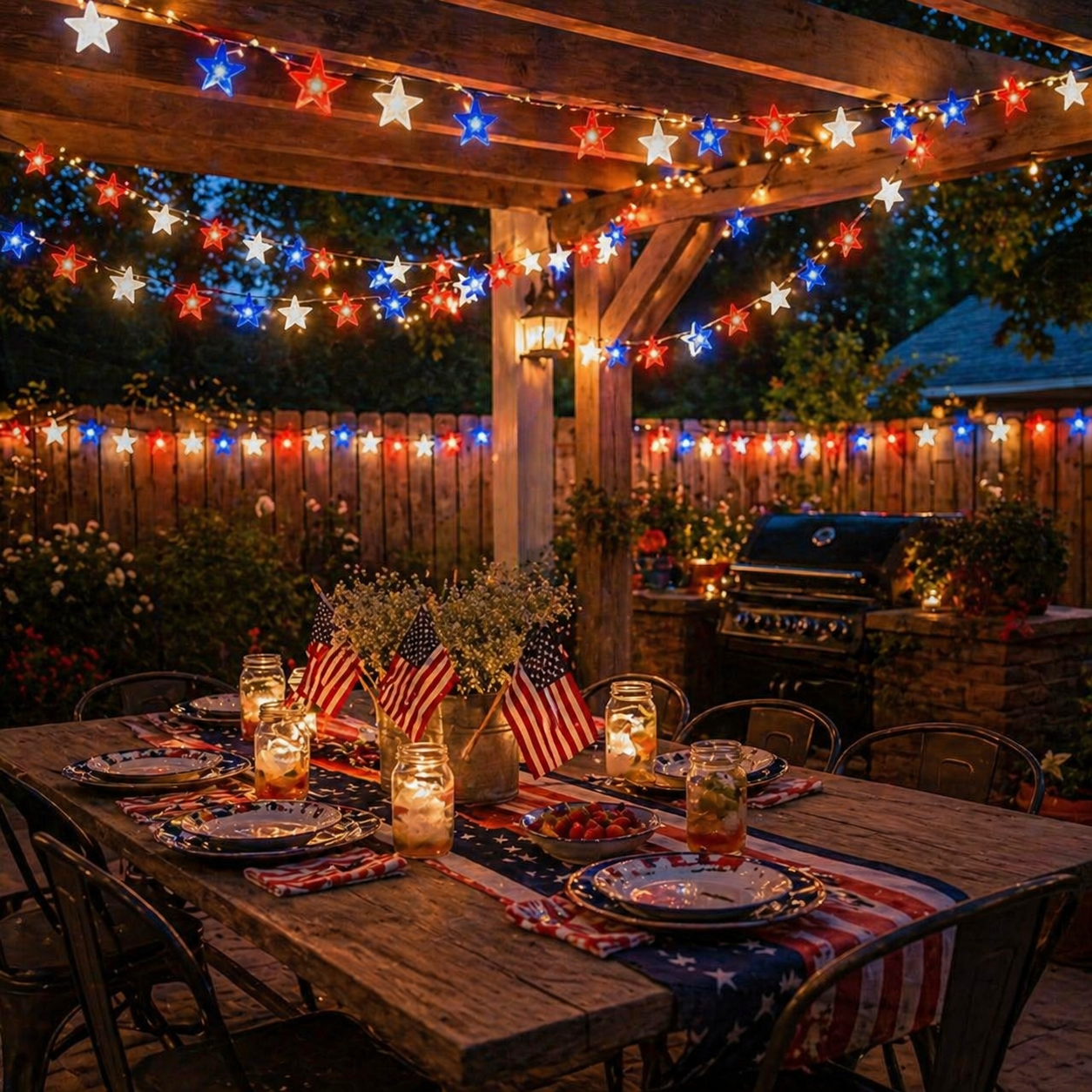 Red, White & Blue Star Solar String Lights-EASESTER