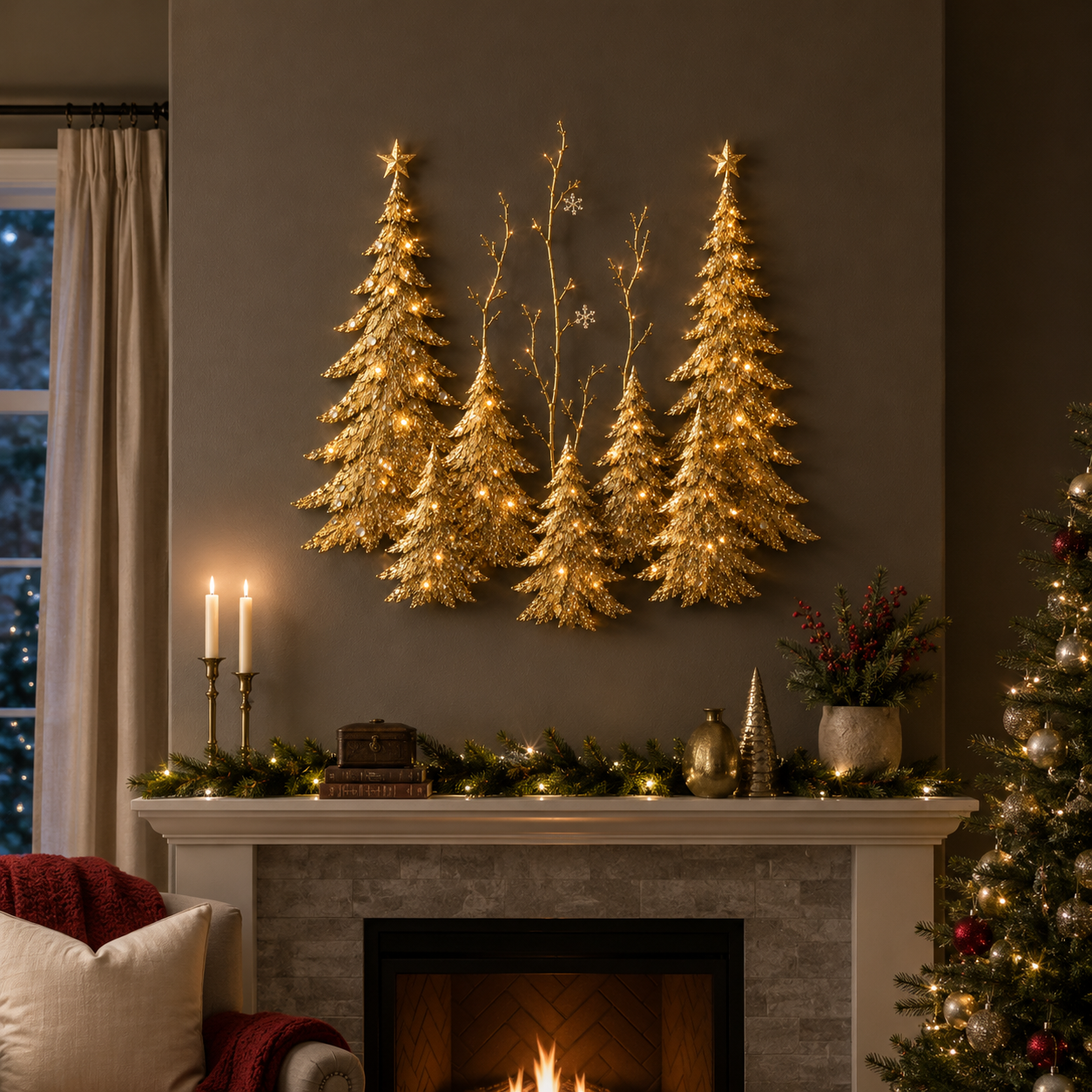 Golden Christmas Forest Illuminated Wall Sculpture