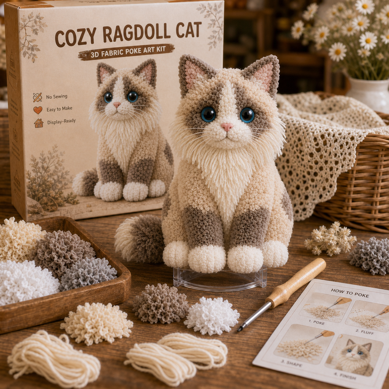 Cozy Cat Fabric Poke Art Kit – No-Sew DIY Textured Cat Craft
