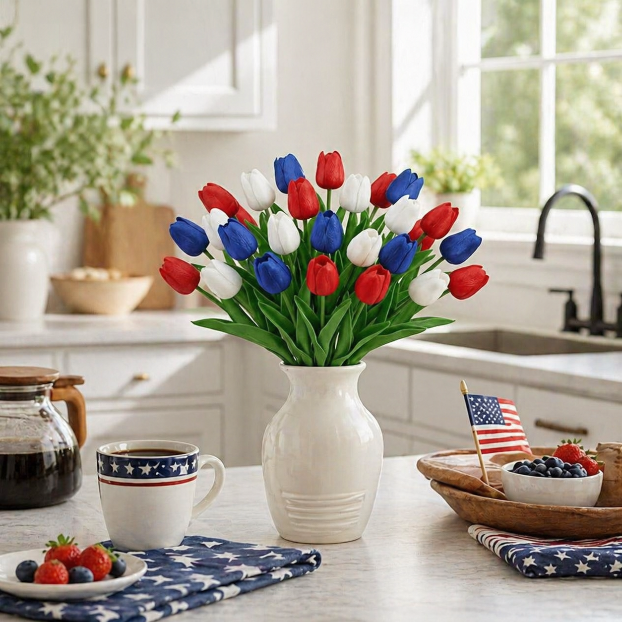 Red, White & Blue Artificial Tulips - 12 Bunches-EASESTER