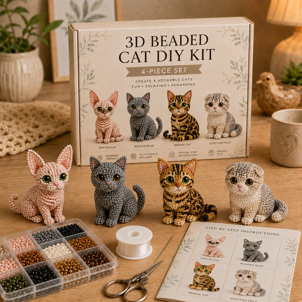 3D Beaded Cat DIY Kit – Adorable 4-Piece Handmade Cat Craft Set