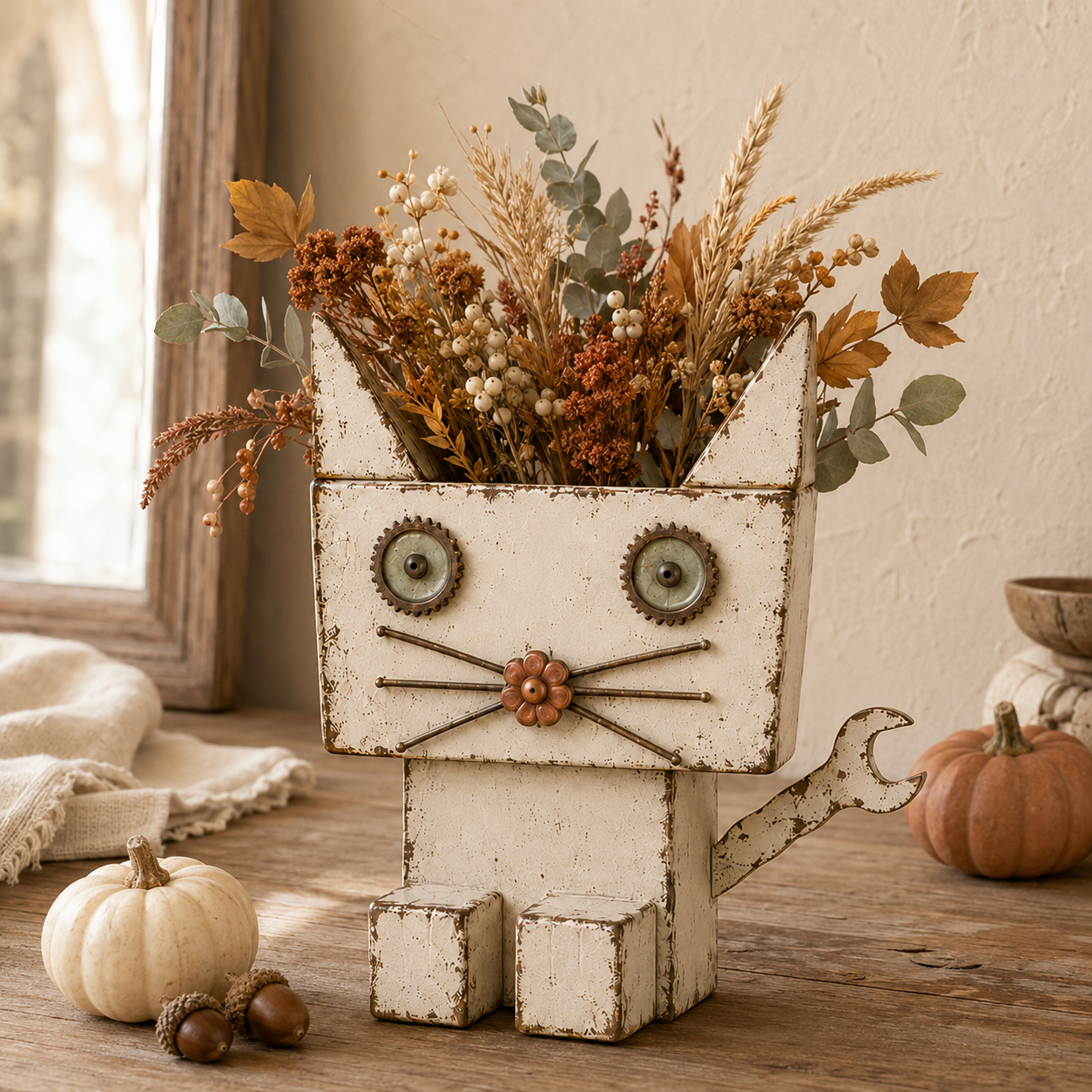 Whimsical Wrench-Tail Cat Metal Flower Holder 🐱🌼