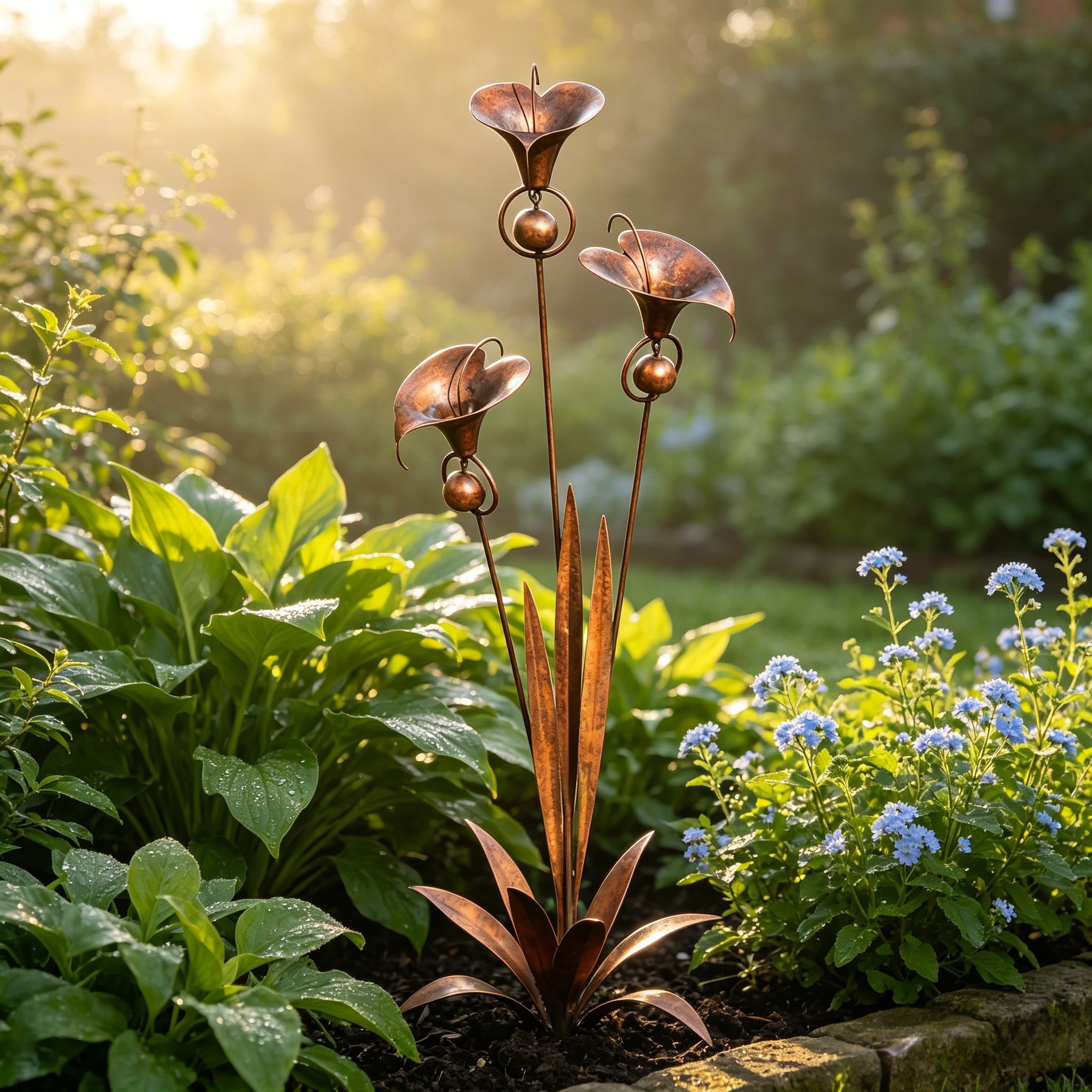 Flamed Copper Three Calla Lilies Garden Stake with Bells, 28" Handcrafted Outdoor Yard Art-EASESTER