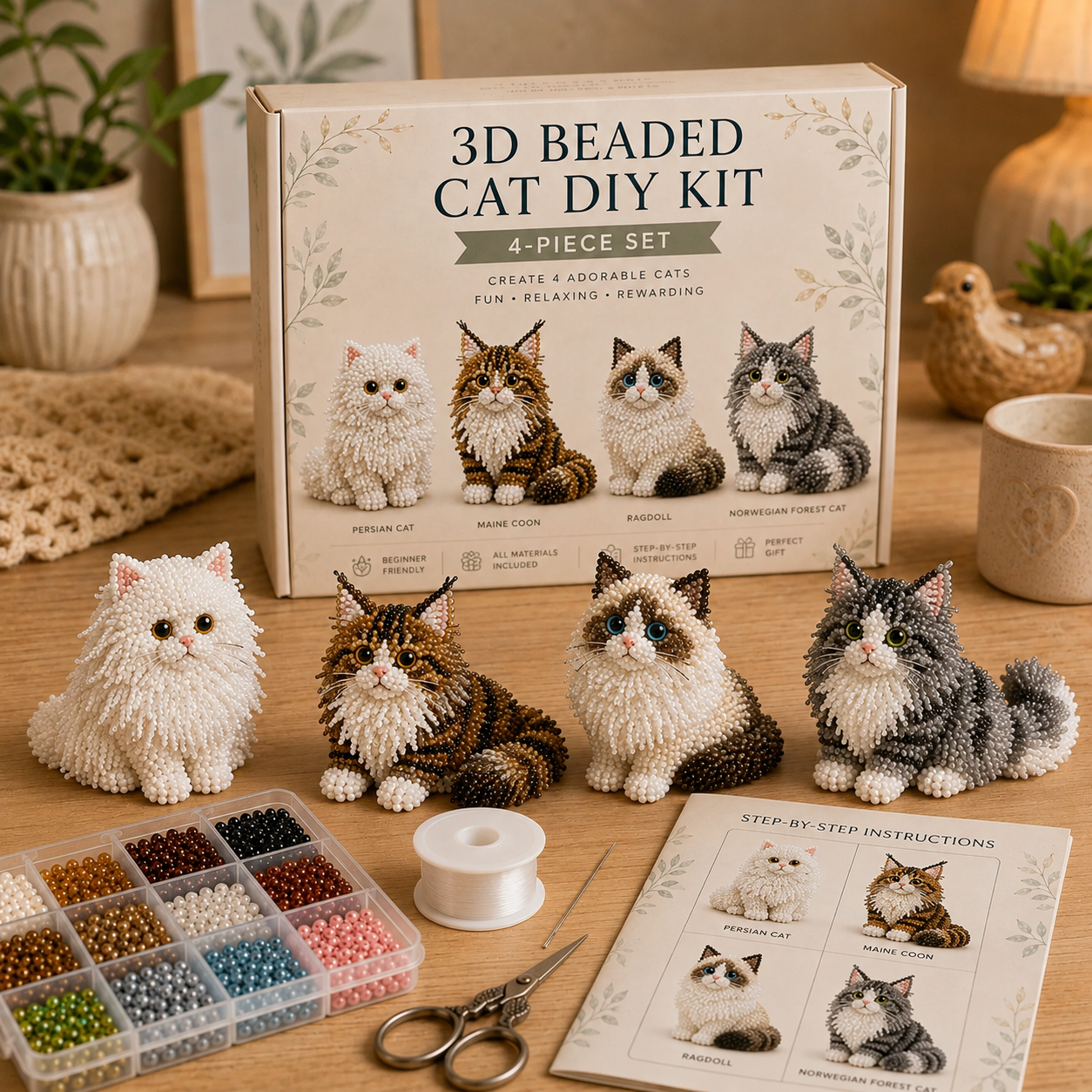 3D Beaded Cat DIY Kit – Adorable 4-Piece Handmade Cat Craft Set