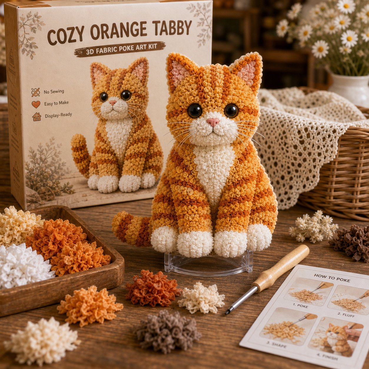 Cozy Cat Fabric Poke Art Kit – No-Sew DIY Textured Cat Craft