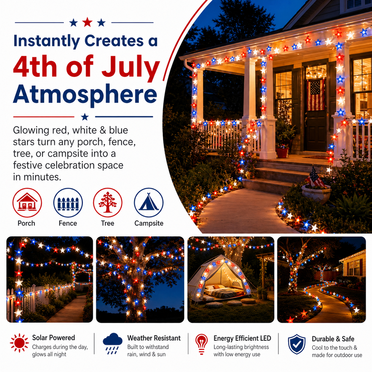 Red, White & Blue Star Solar String Lights-EASESTER