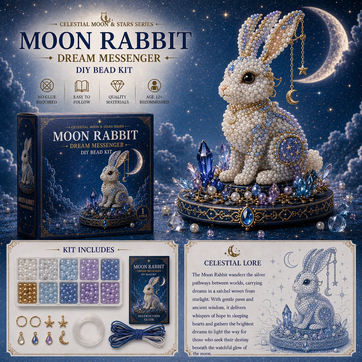 🌙 Moon Cat Luna Guardian DIY Bead Kit | Celestial Moon & Stars Series
