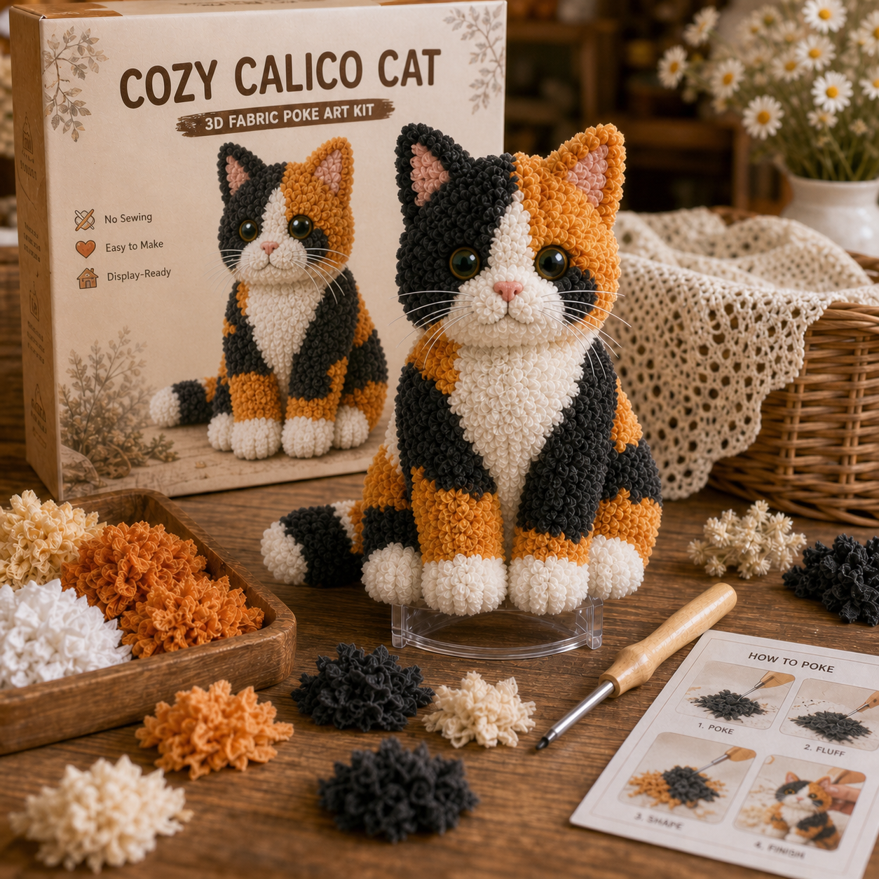 Cozy Cat Fabric Poke Art Kit – No-Sew DIY Textured Cat Craft