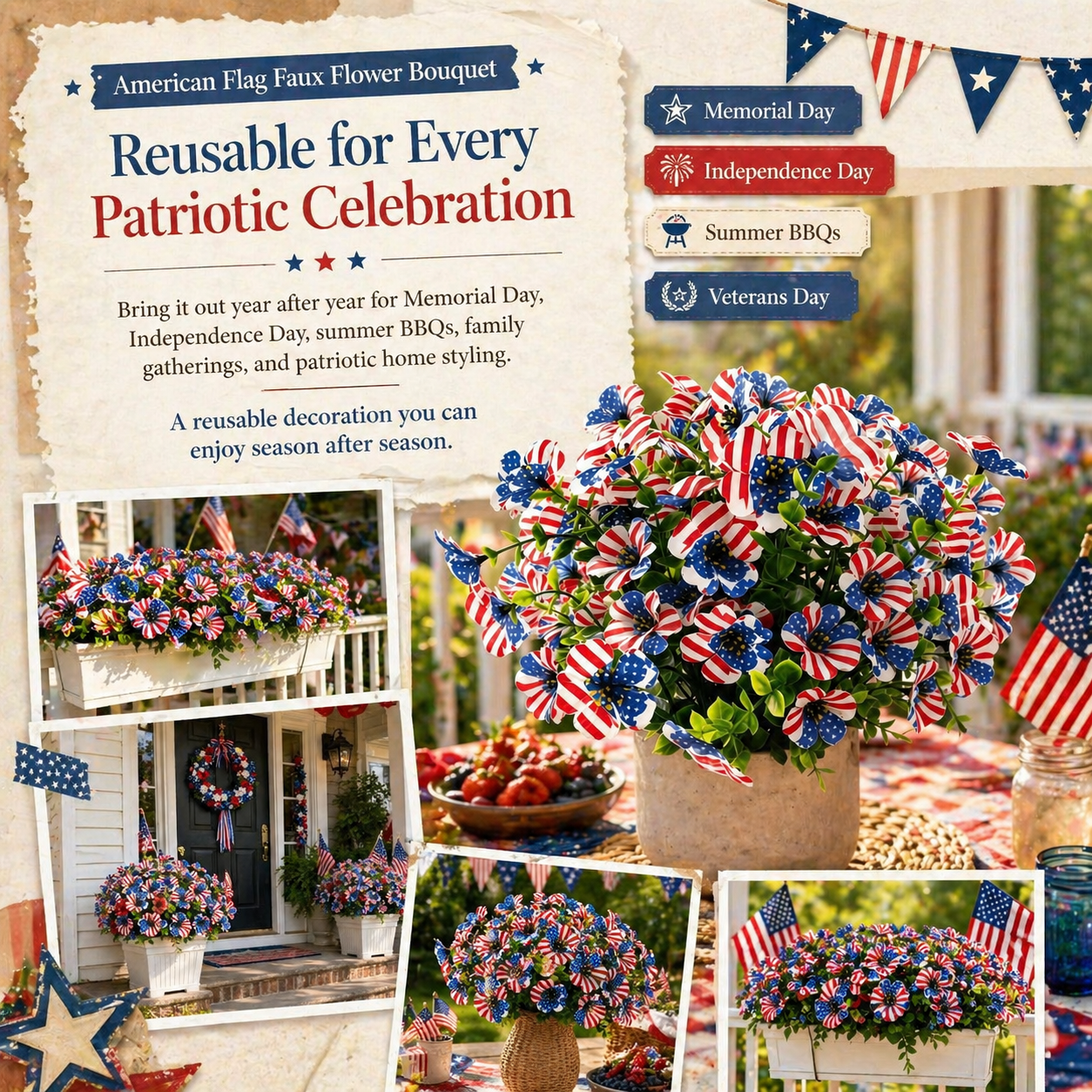 American Flag Faux Flower Bouquet - 12 Pcs-EASESTER