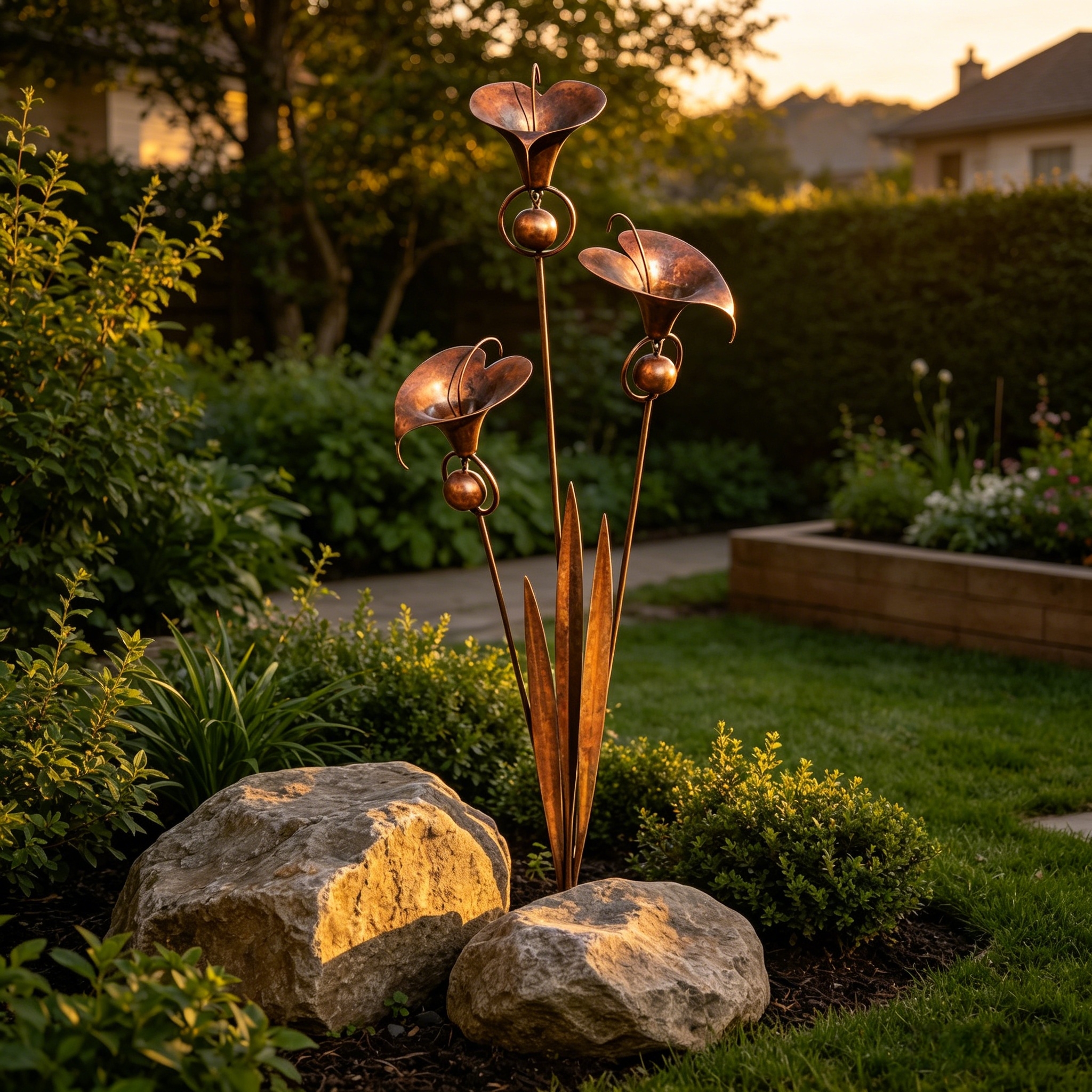 Flamed Copper Three Calla Lilies Garden Stake with Bells, 28" Handcrafted Outdoor Yard Art-EASESTER