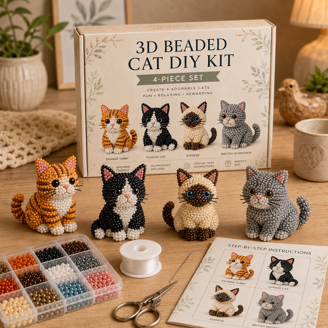 3D Beaded Cat DIY Kit – Adorable 4-Piece Handmade Cat Craft Set