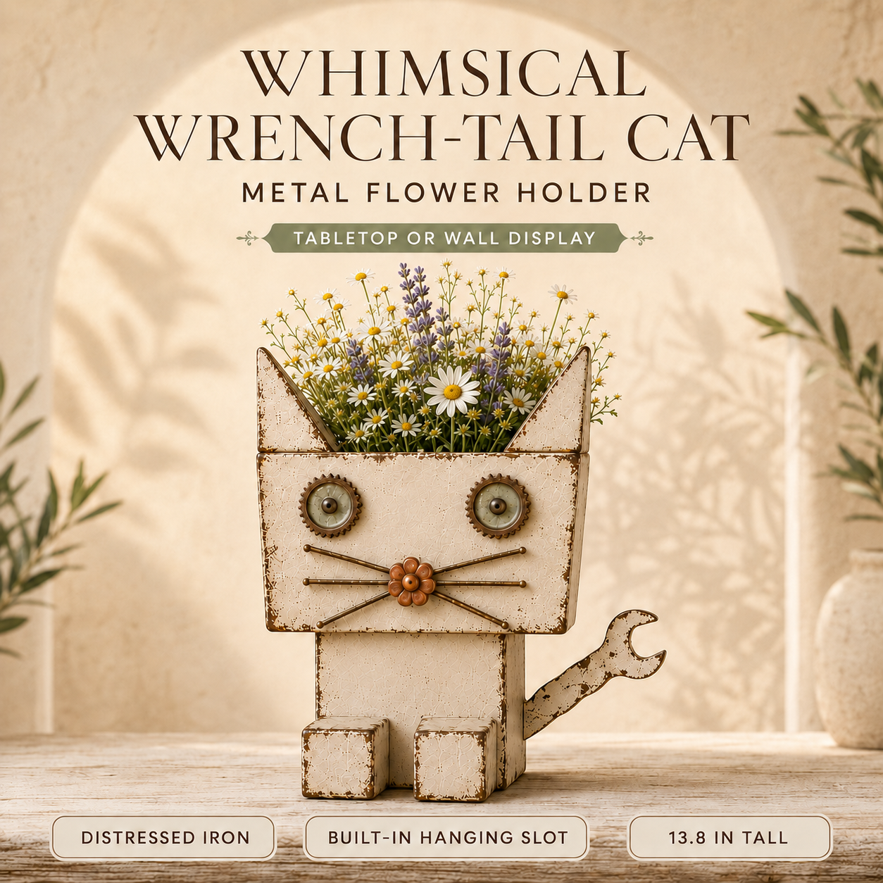 Whimsical Wrench-Tail Cat Metal Flower Holder 🐱🌼