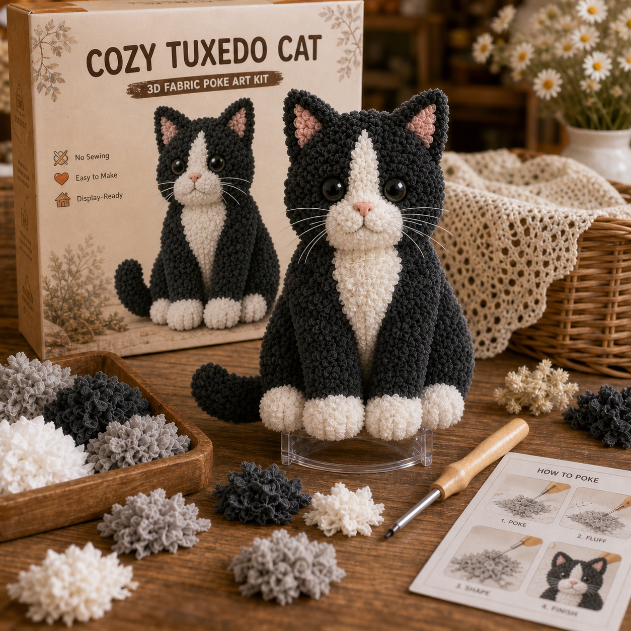 Cozy Cat Fabric Poke Art Kit – No-Sew DIY Textured Cat Craft