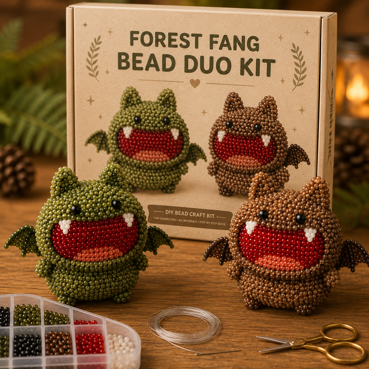 Twin Fang Bead Duo Kit – 3D DIY Beaded Monster Craft with Display Stands