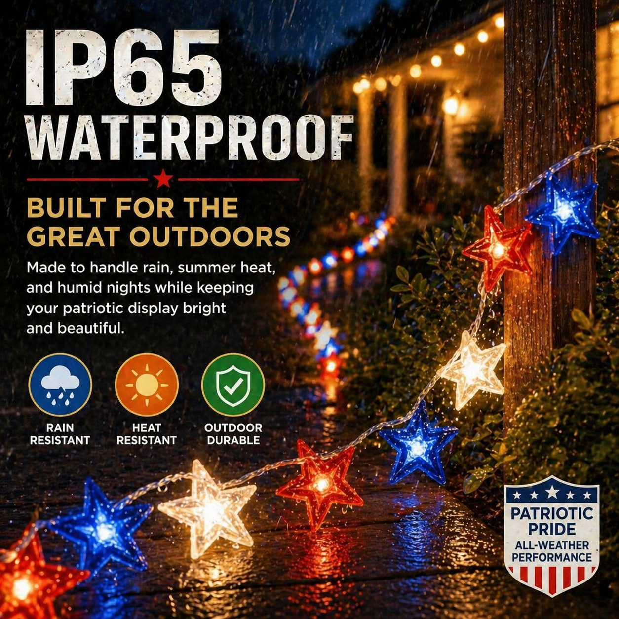 Red, White & Blue Star Solar String Lights-EASESTER