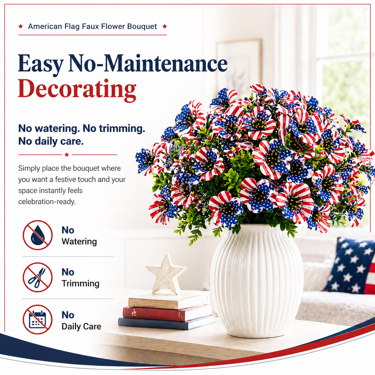 American Flag Faux Flower Bouquet - 12 Pcs-EASESTER