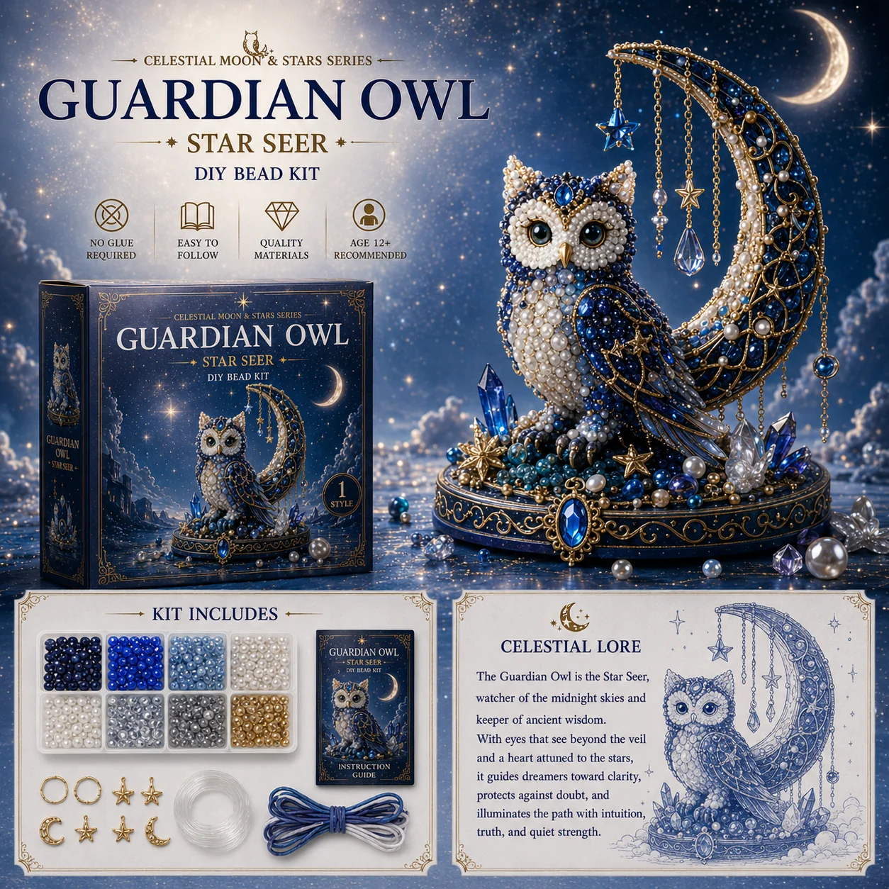 🌙 Moon Cat Luna Guardian DIY Bead Kit | Celestial Moon & Stars Series