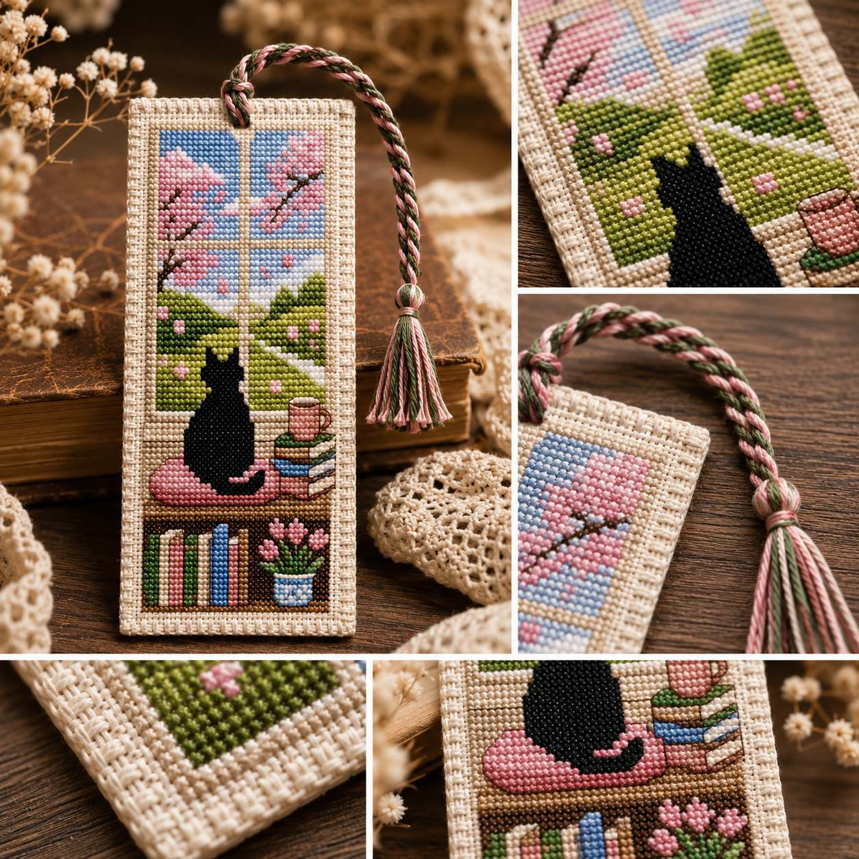 🐱 Cat Window Seasons Embroidery Bookmark DIY Kit🌸