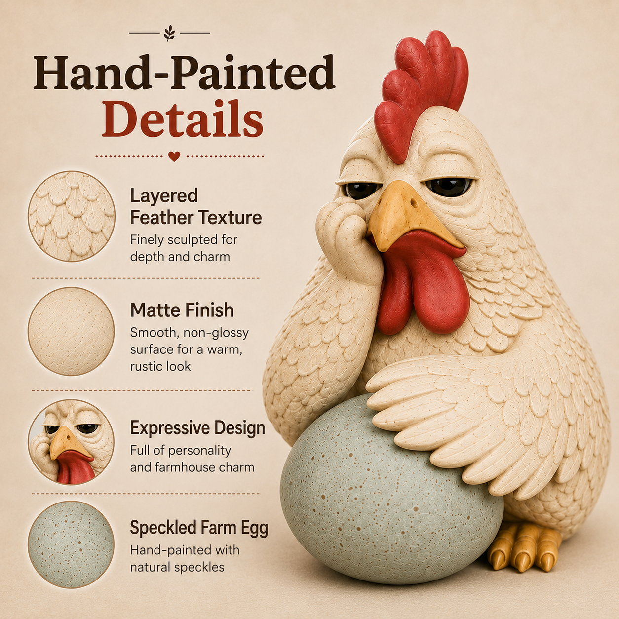 Monday Mood Hen Figurine with Speckled Egg – Funny Farmhouse Chicken Décor