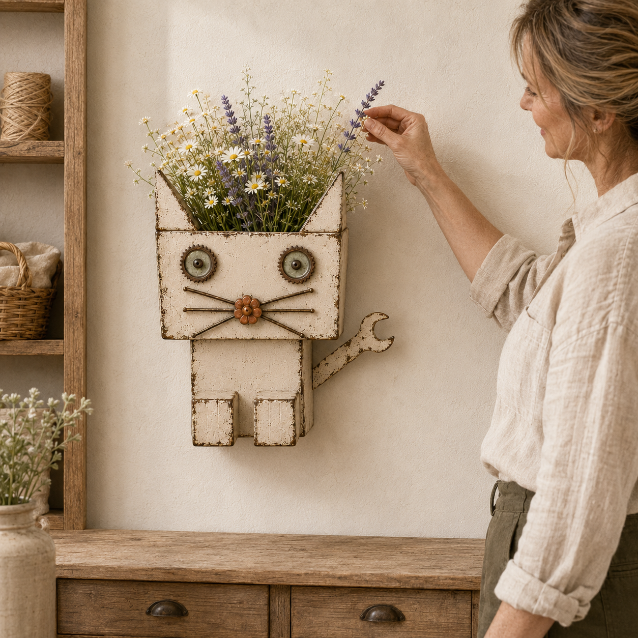 Whimsical Wrench-Tail Cat Metal Flower Holder 🐱🌼