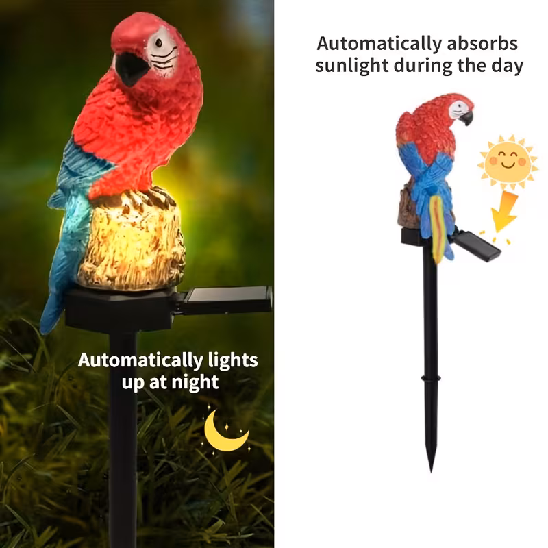solar powered parrot garden stake light vibrant red blue resin outdoor decorative lighting with natural wood perch for lawns and landscapes parrot decor Product details 4