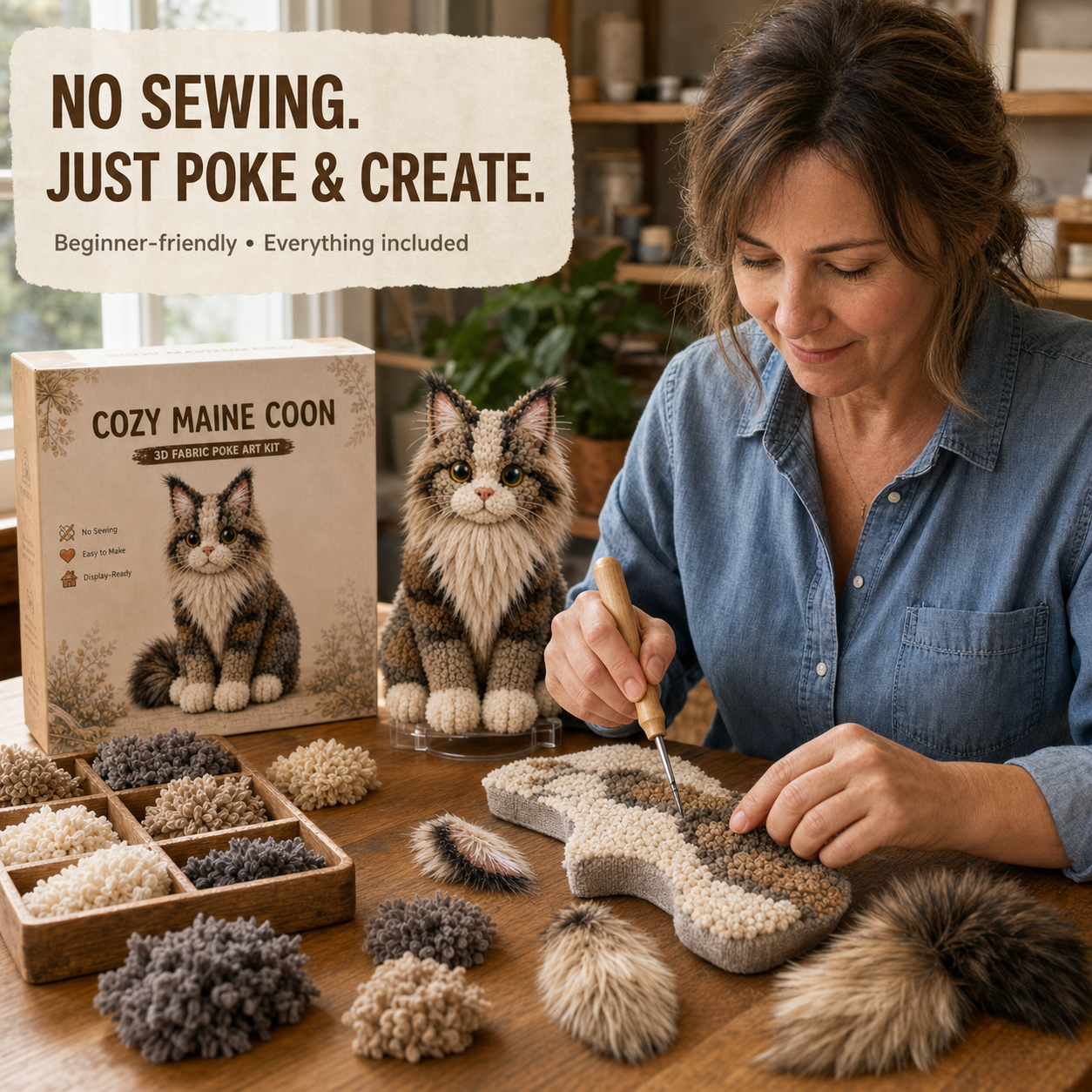 Cozy Cat Fabric Poke Art Kit – No-Sew DIY Textured Cat Craft