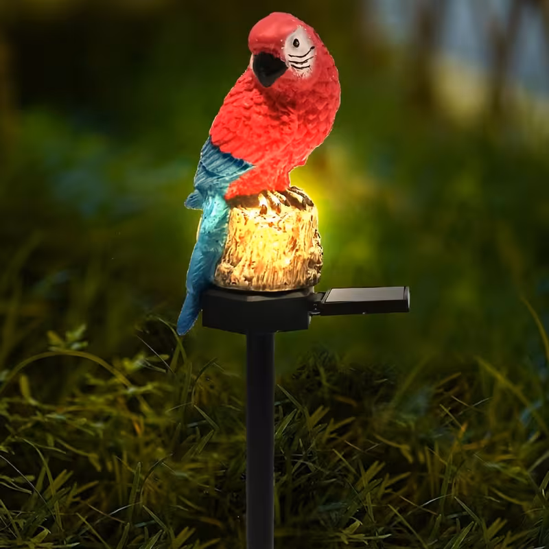 solar powered parrot garden stake light vibrant red blue resin outdoor decorative lighting with natural wood perch for lawns and landscapes parrot decor Product details 0