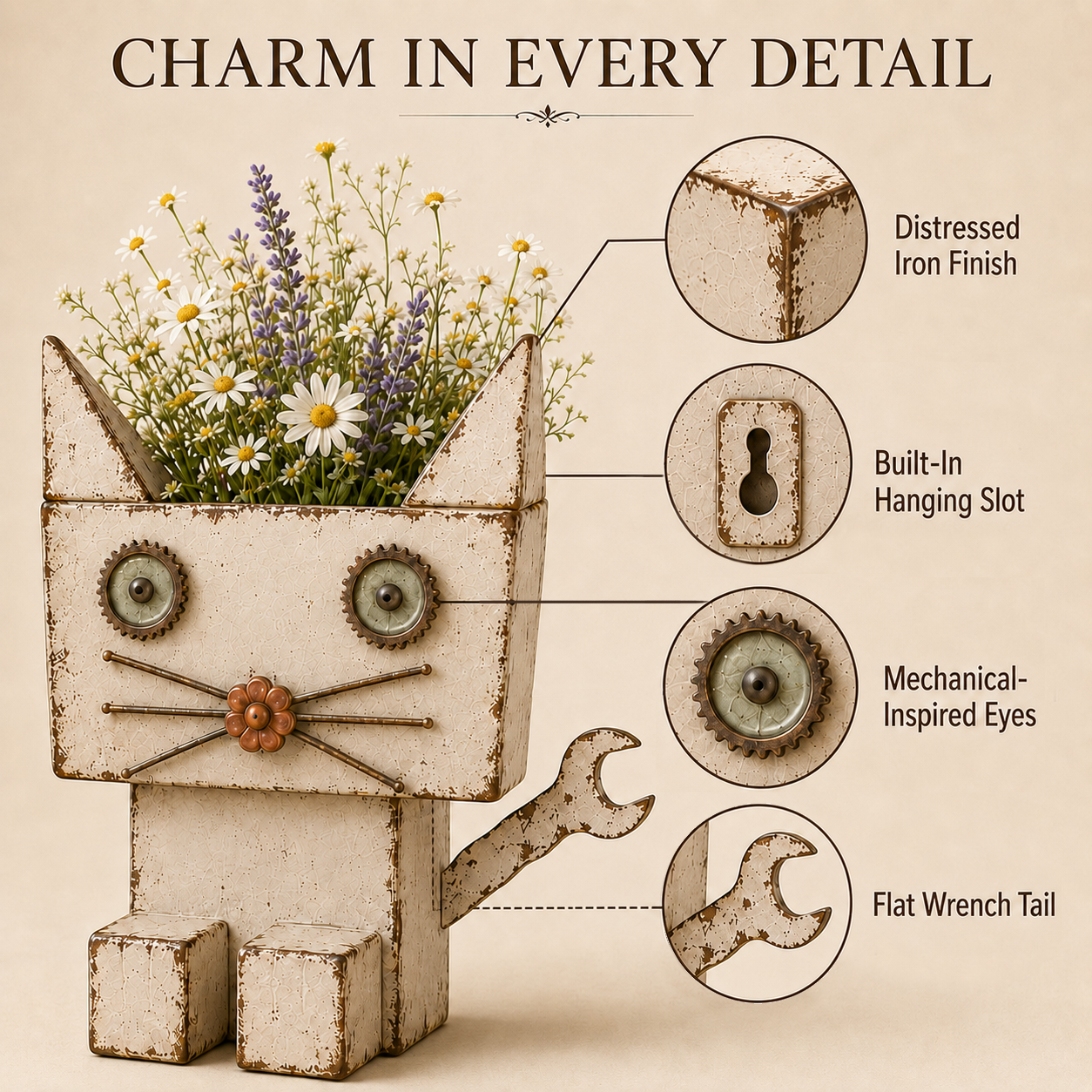 Whimsical Wrench-Tail Cat Metal Flower Holder 🐱🌼