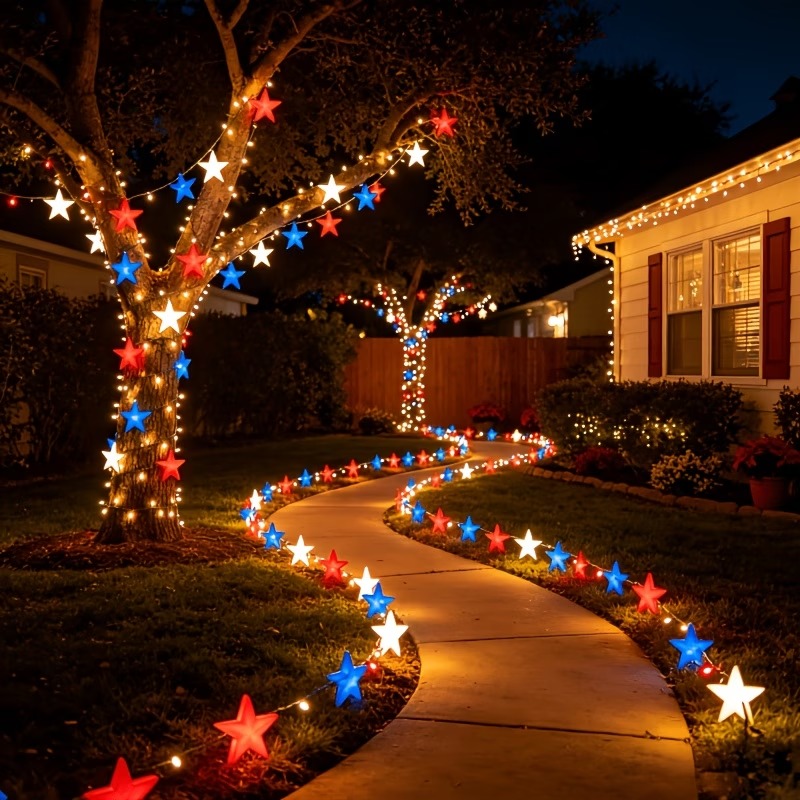Red, White & Blue Star Solar String Lights-EASESTER